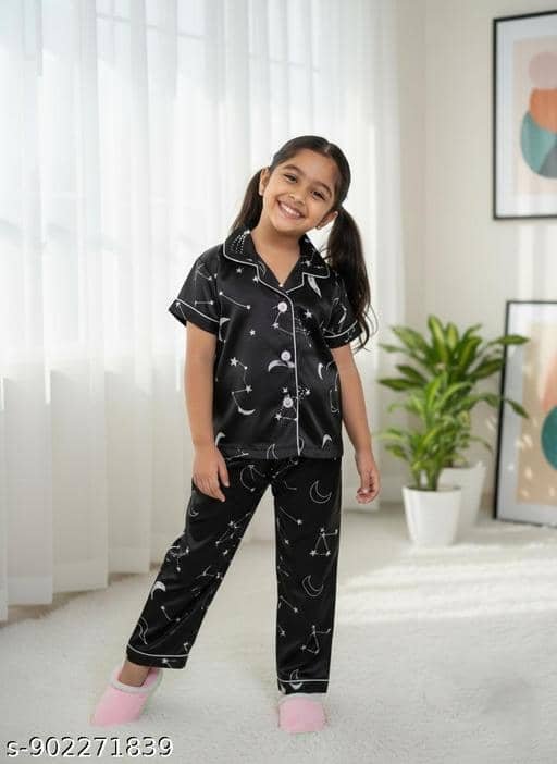 Pack of 1 Girls Cotton Blend Nightsuit Set ( Black )