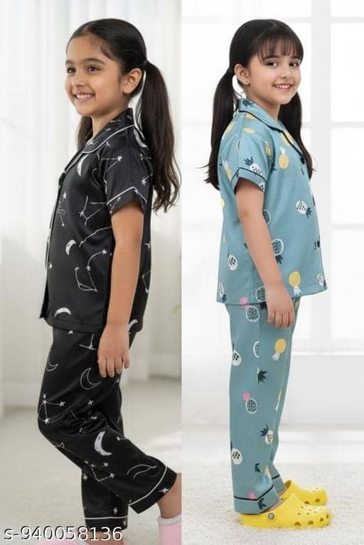 Pack of 2 Girls Cotton Blend Nightsuit Set ( Multicolor 5 ) - Image 2