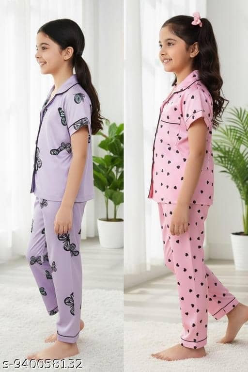Pack of 2 Girls Cotton Blend Nightsuit Set ( Multicolor 2 ) - Image 2