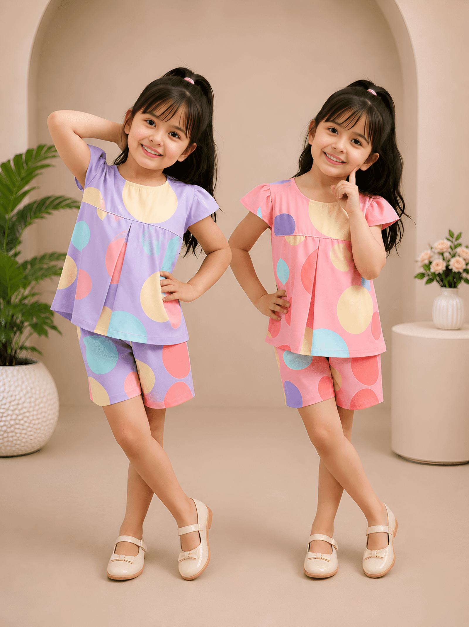 Cotton Blend Printed Top With Short Co-Ord Set For Girls ( Multicolor 2 )