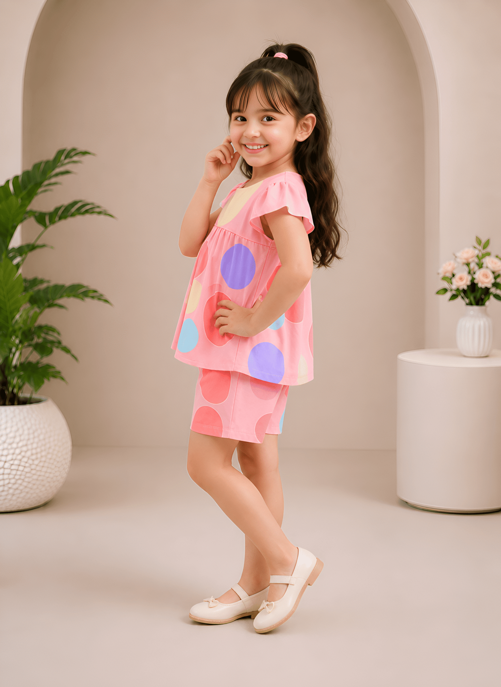 Cotton Blend Printed Top With Short Co-Ord Set For Girls ( Multicolor 2 ) - Image 3