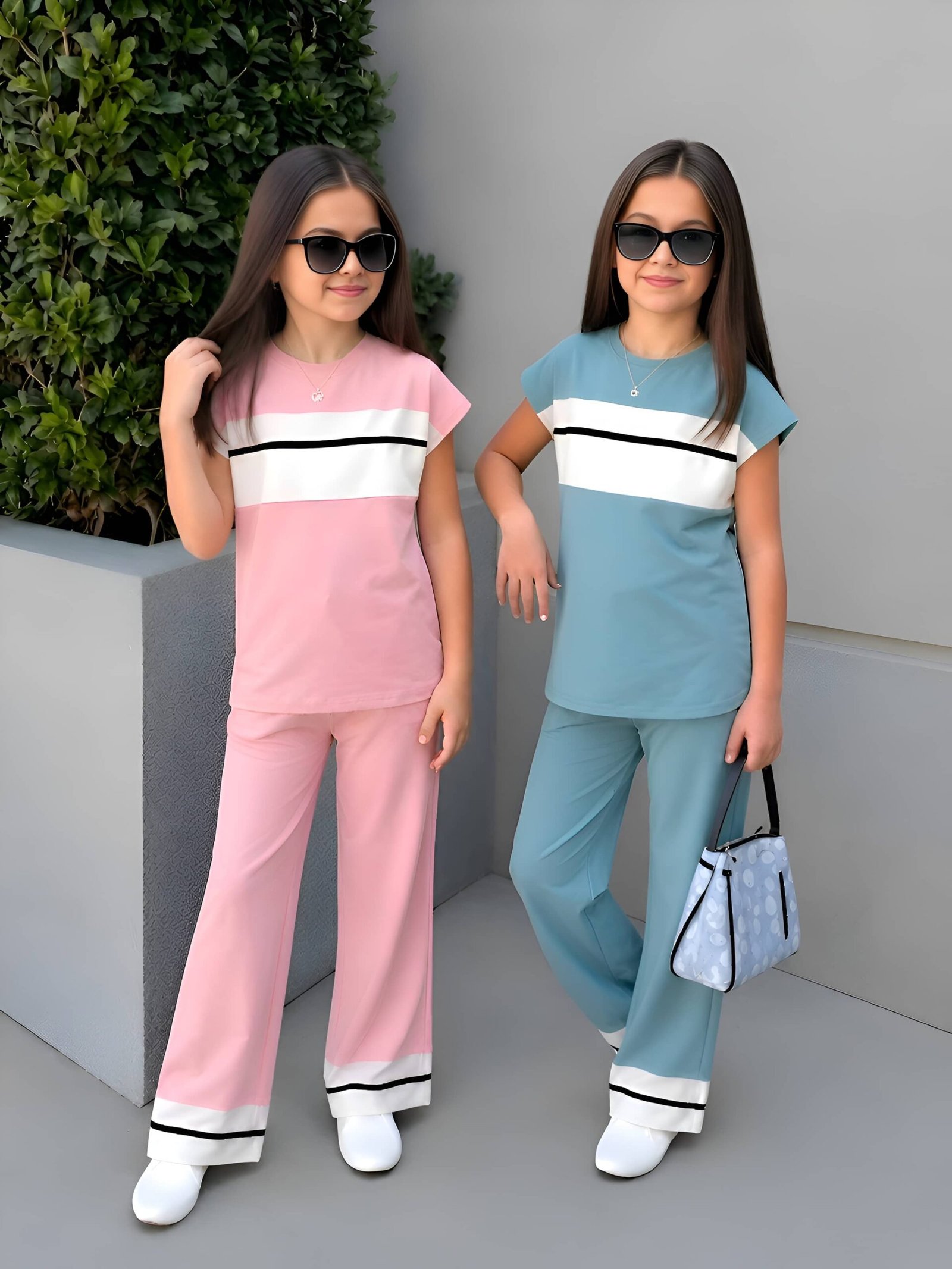 Girls Cotton Blend T-shirt & Pants Set ( Pink & Green , Pack of 2 )