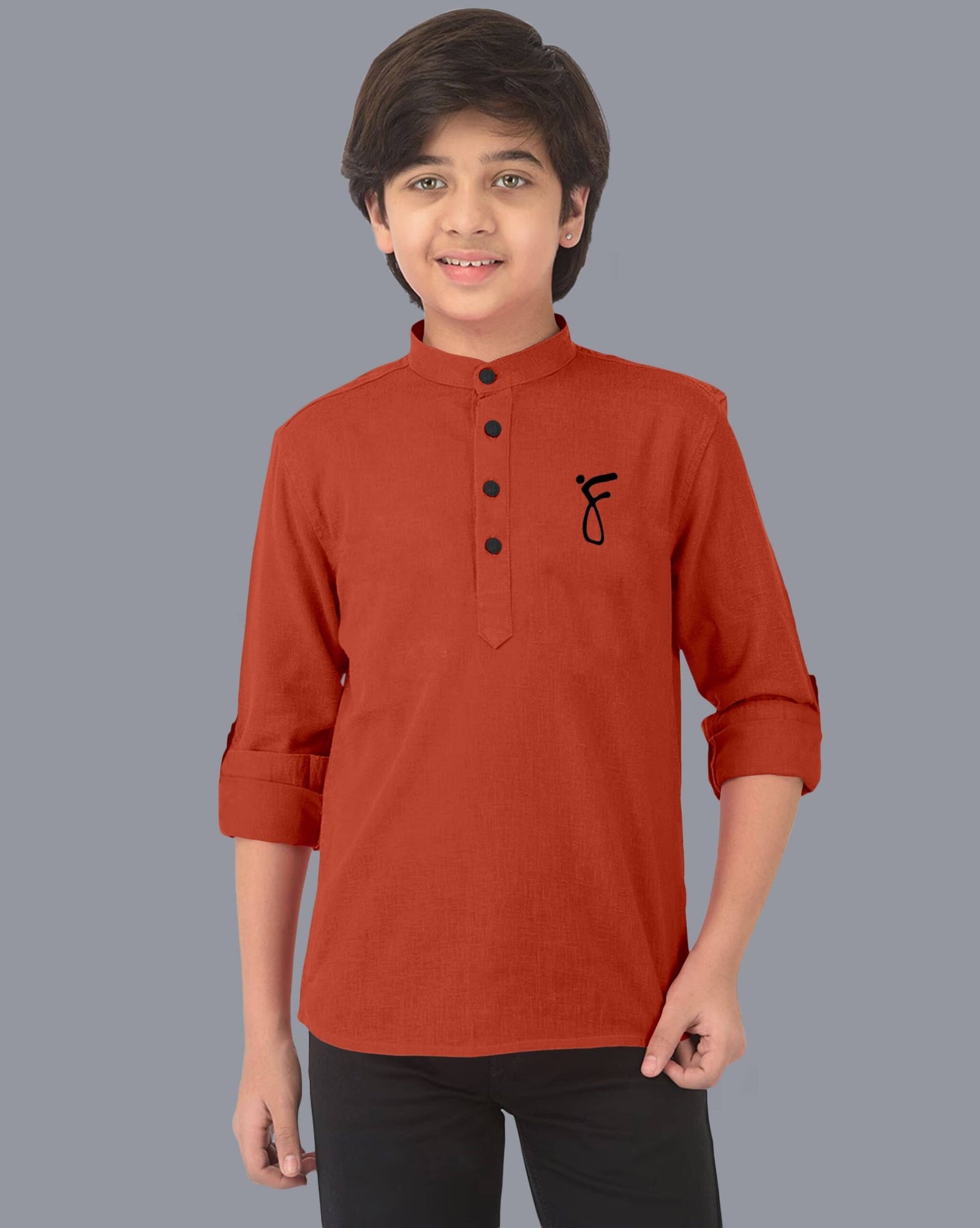 Boys Cotton Blend Solid Pattern Kurta ( Orange , Pack of 1 )