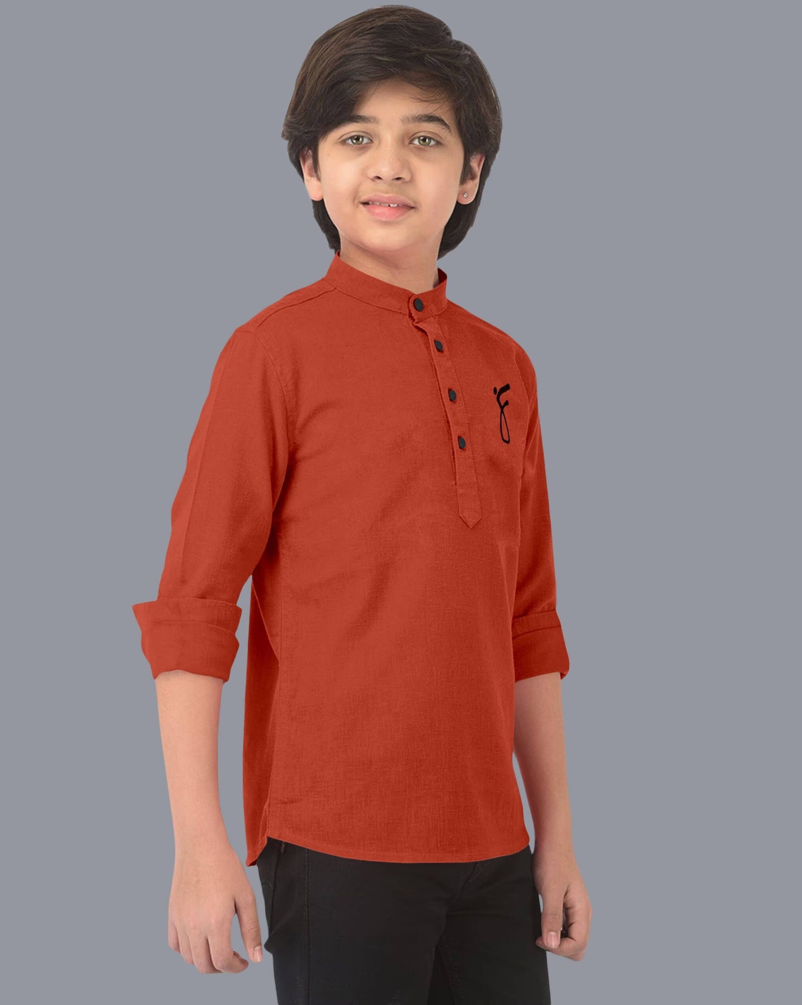 Boys Cotton Blend Solid Pattern Kurta ( Orange , Pack of 1 ) - Image 3