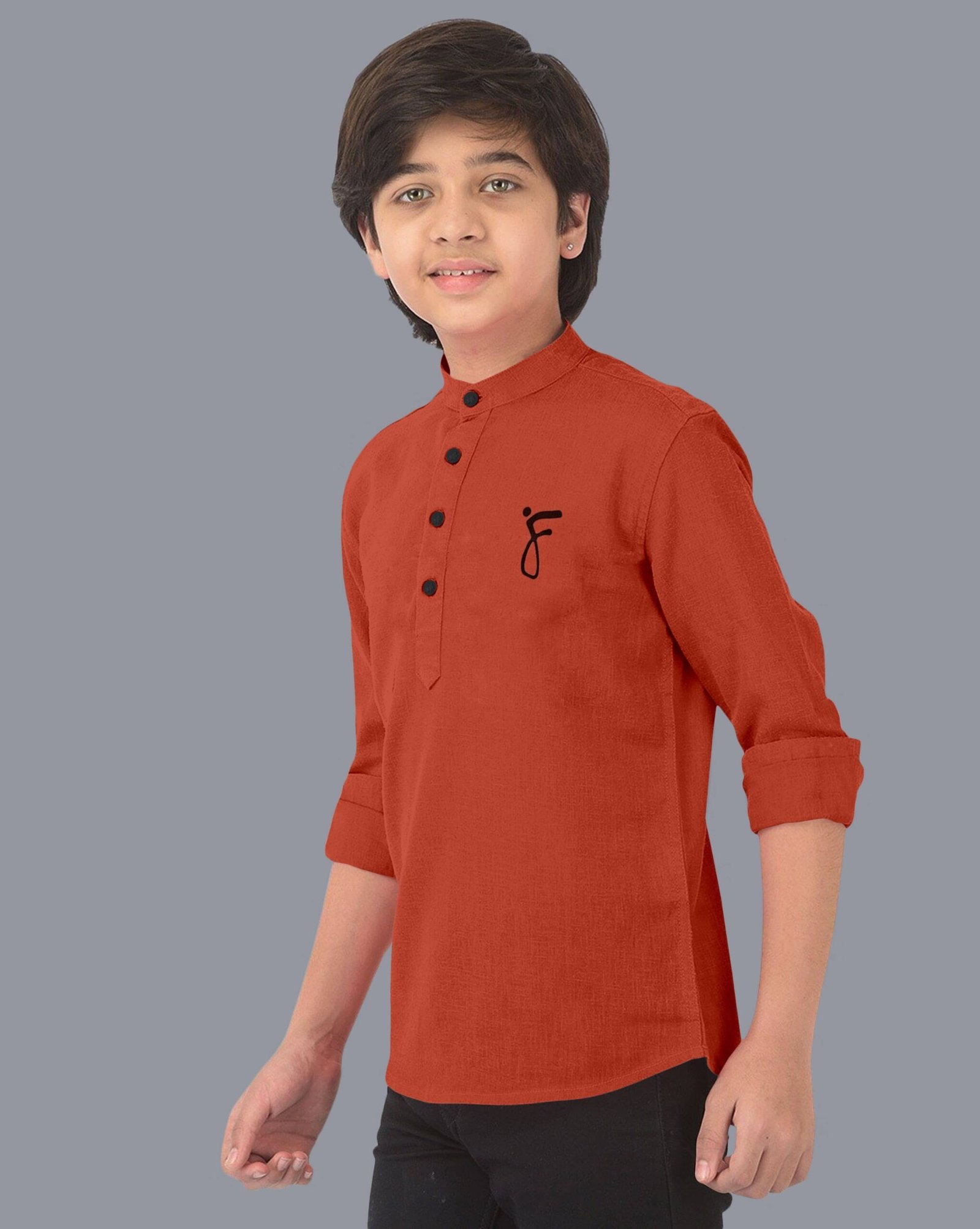 Boys Cotton Blend Solid Pattern Kurta ( Orange , Pack of 1 ) - Image 4