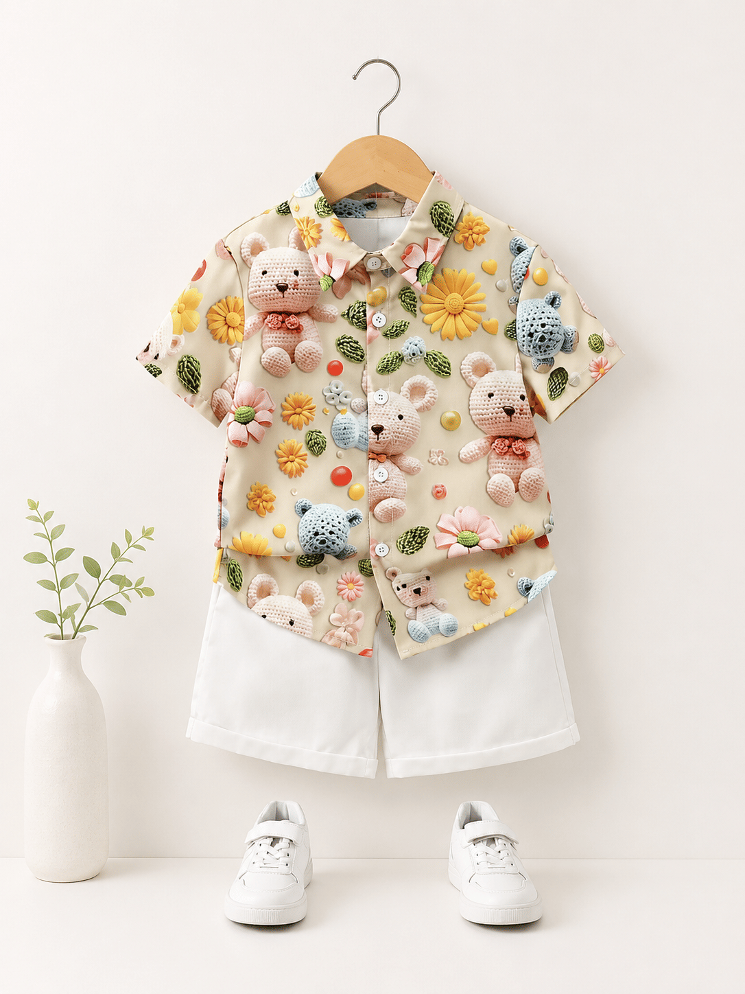 Veloura Beauty Cotton Self Design Shirt With Shorts Co-Ord Set For Boys ( Cream )