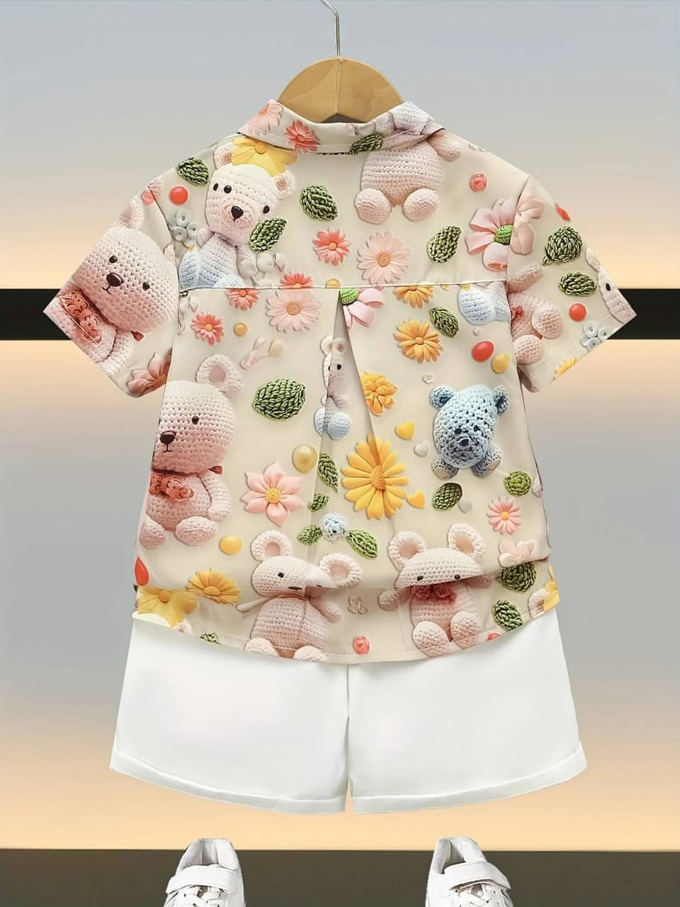 Veloura Beauty Cotton Self Design Shirt With Shorts Co-Ord Set For Boys ( Cream ) - Image 2