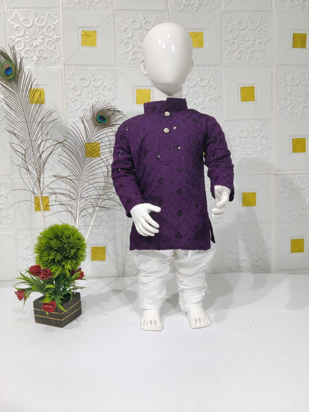 Baby Boys Cotton White,Purple Kurta Pyjama Set ( Pack of 1 )