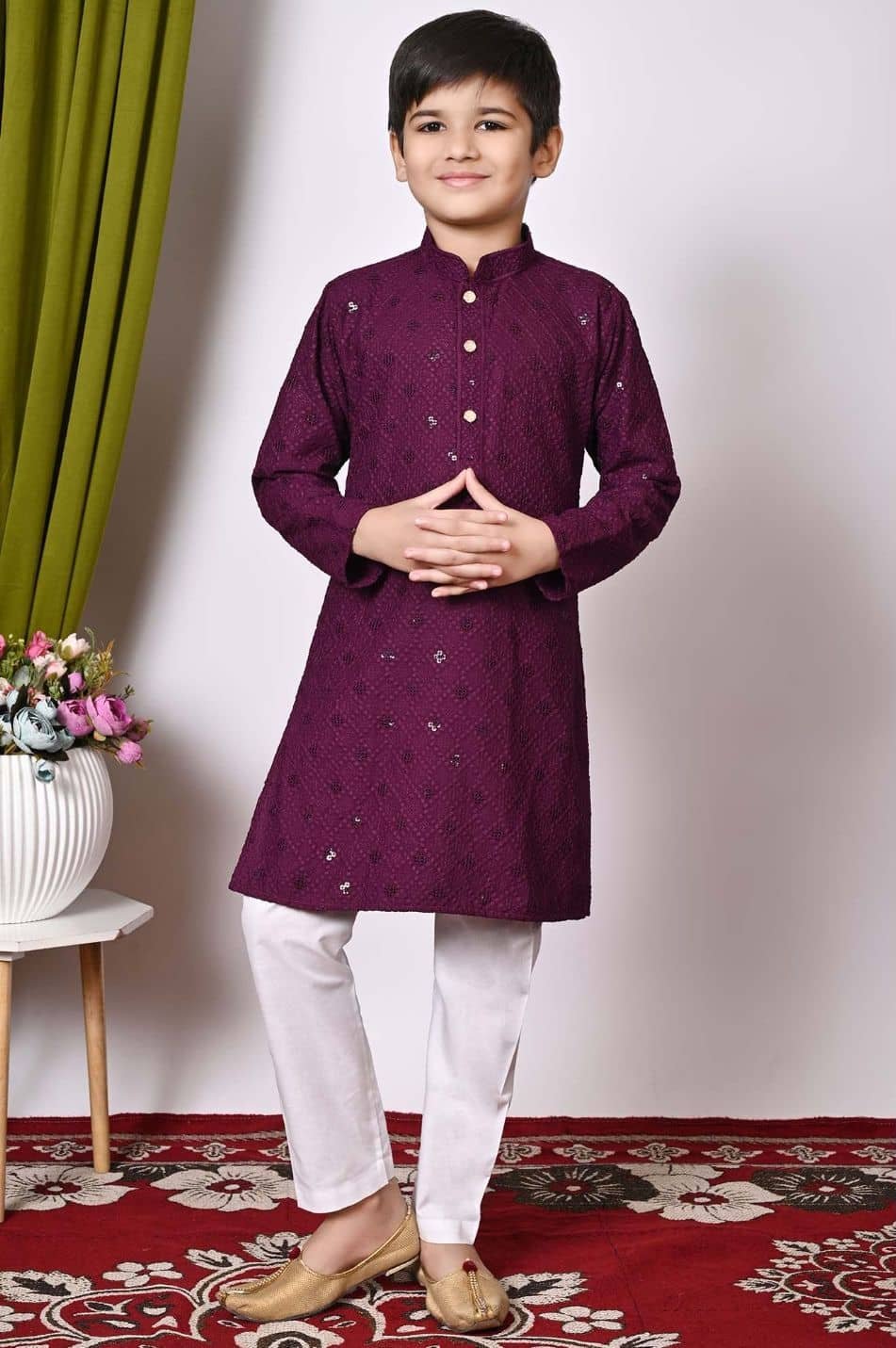 Boys Cotton Blend Purple Kurta Pyjama Set ( Pack of 1 )