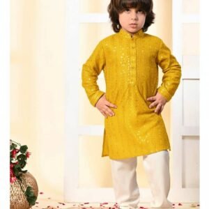 Boys Rayon Yellow Kurta Pyjama Set ( Pack of 1 )
