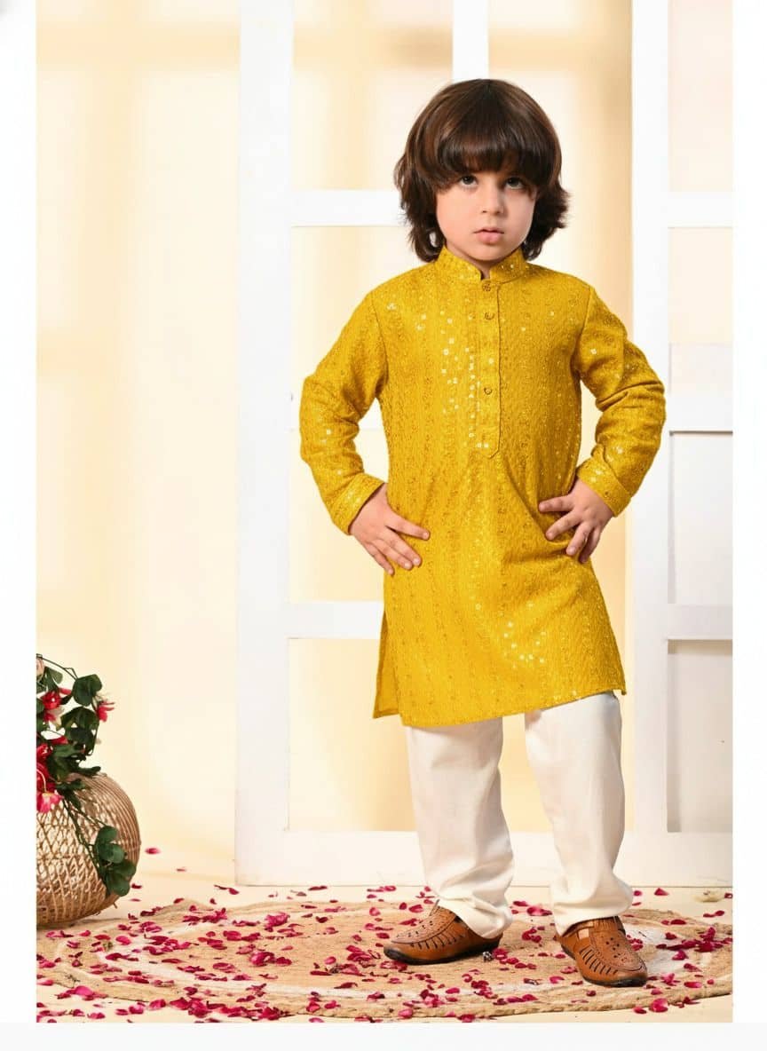 Boys Rayon Yellow Kurta Pyjama Set ( Pack of 1 )