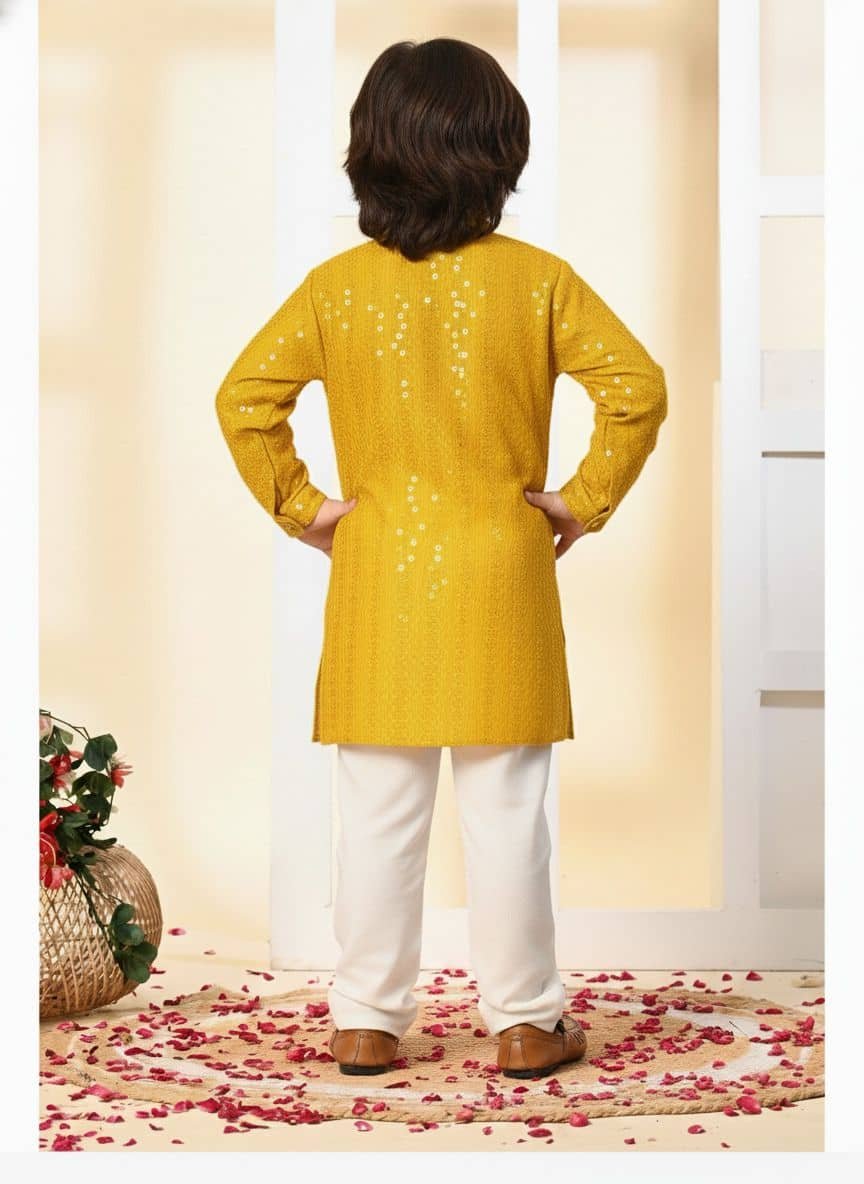 Boys Rayon Yellow Kurta Pyjama Set ( Pack of 1 ) - Image 2