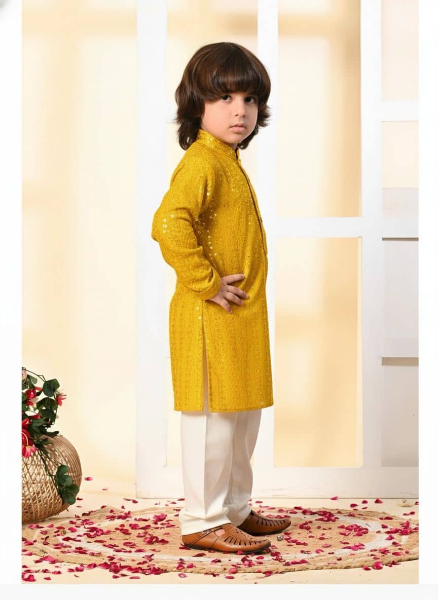 Boys Rayon Yellow Kurta Pyjama Set ( Pack of 1 ) - Image 3