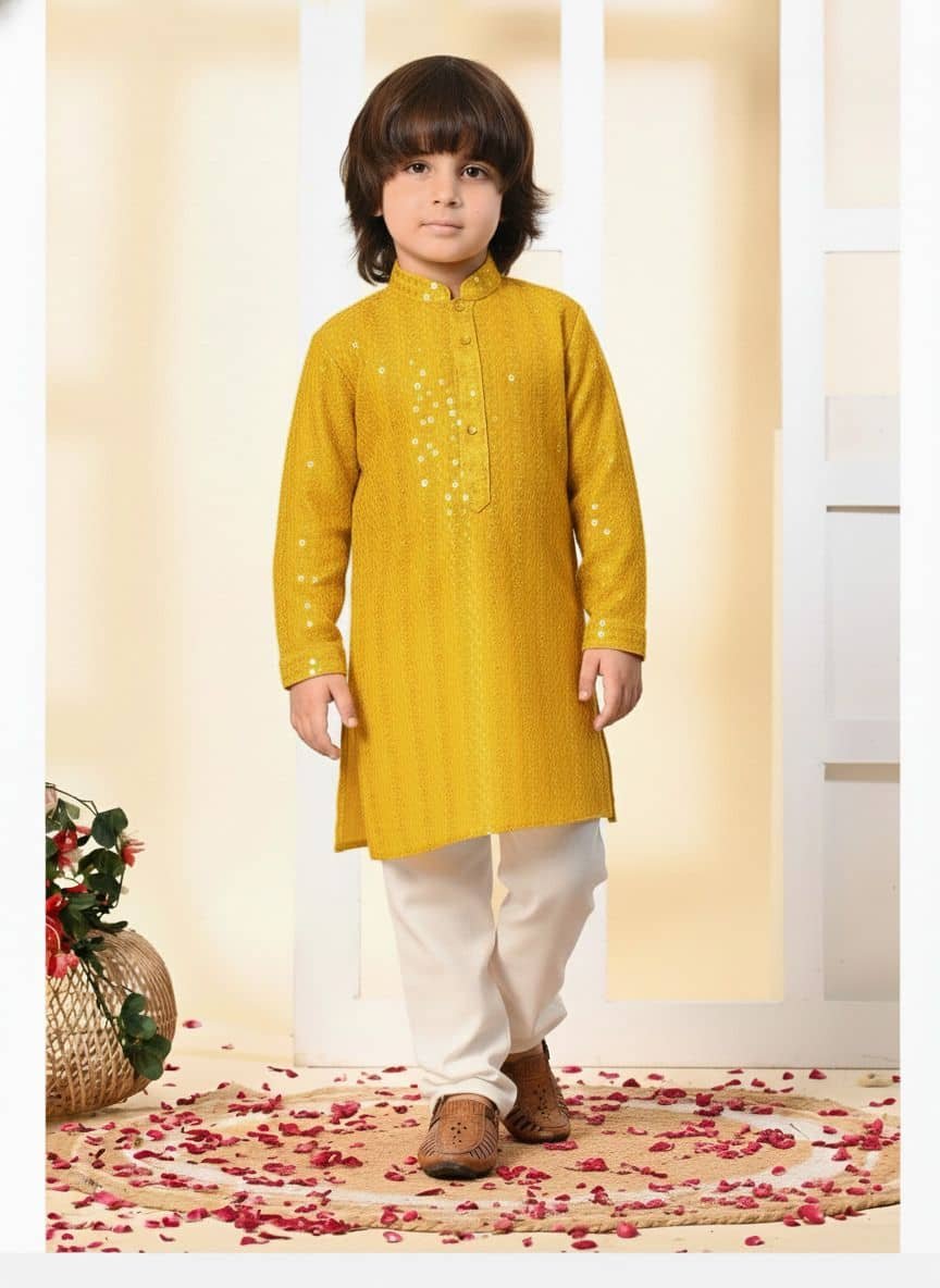Boys Rayon Yellow Kurta Pyjama Set ( Pack of 1 ) - Image 4