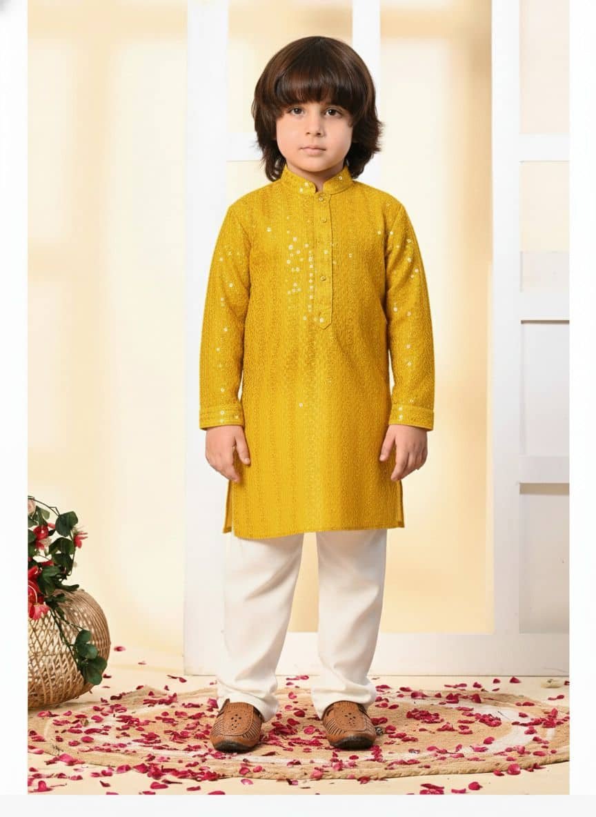 Boys Rayon Yellow Kurta Pyjama Set ( Pack of 1 ) - Image 5