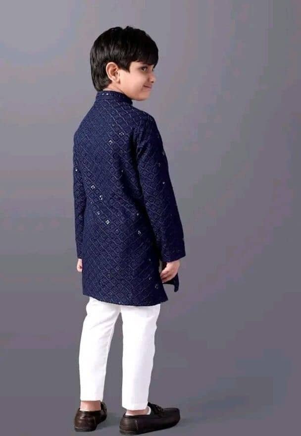 Boys Viscose Dark Blue Kurta Pyjama Set ( Pack of 1 ) - Image 2