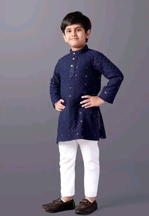 Boys Viscose Dark Blue Kurta Pyjama Set ( Pack of 1 ) - Image 3
