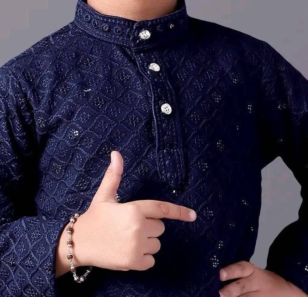 Boys Viscose Dark Blue Kurta Pyjama Set ( Pack of 1 ) - Image 4