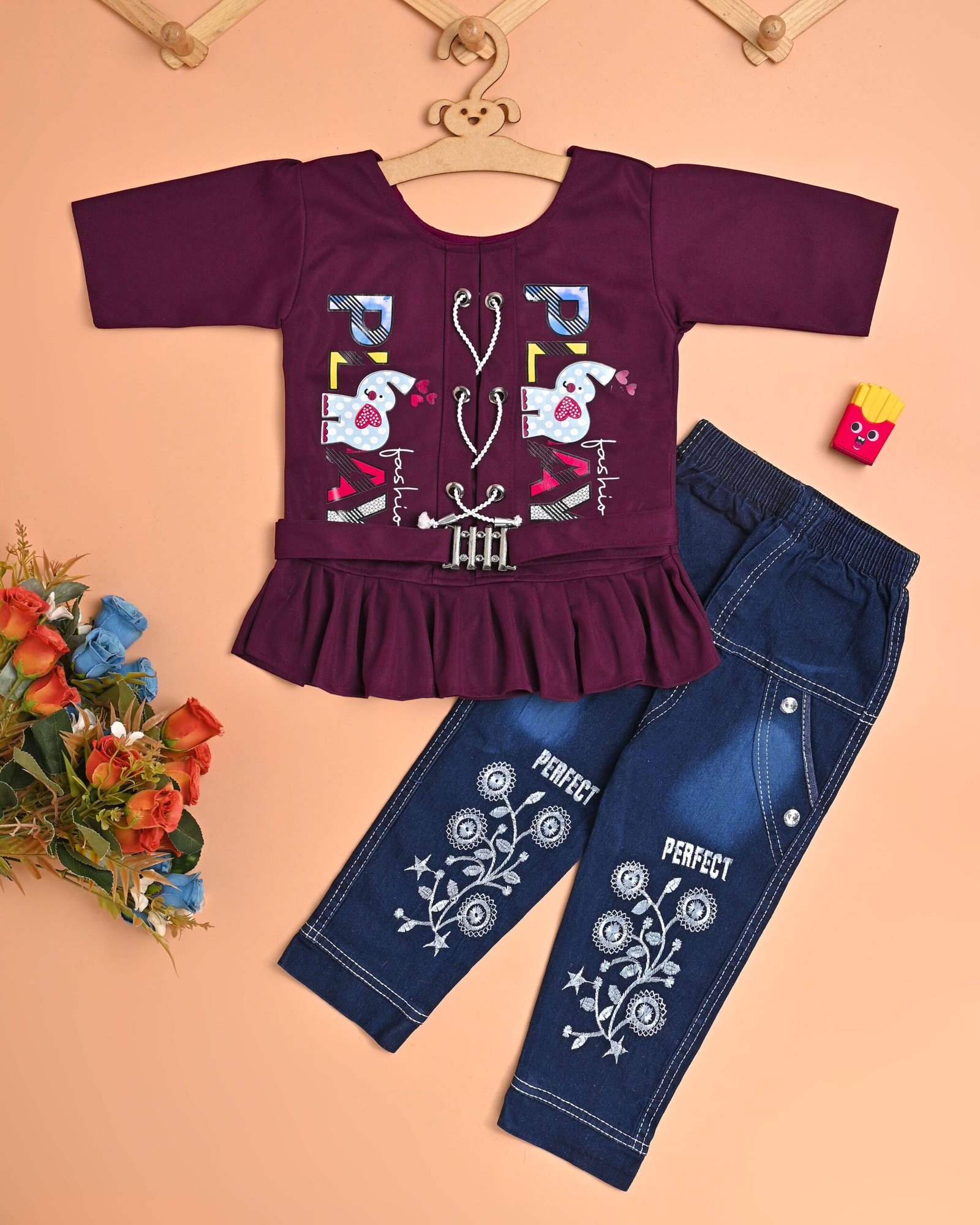 Pack of 1 Girls Cotton Blend T-shirt & Jeans ( Wine )