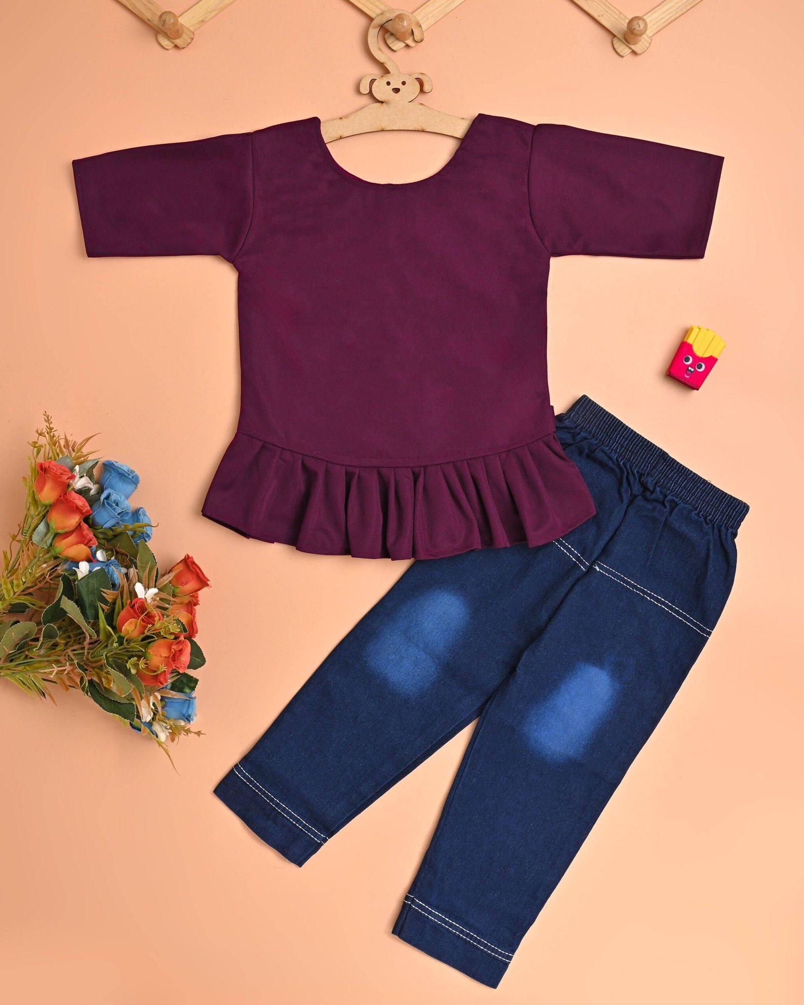 Pack of 1 Girls Cotton Blend T-shirt & Jeans ( Wine ) - Image 2