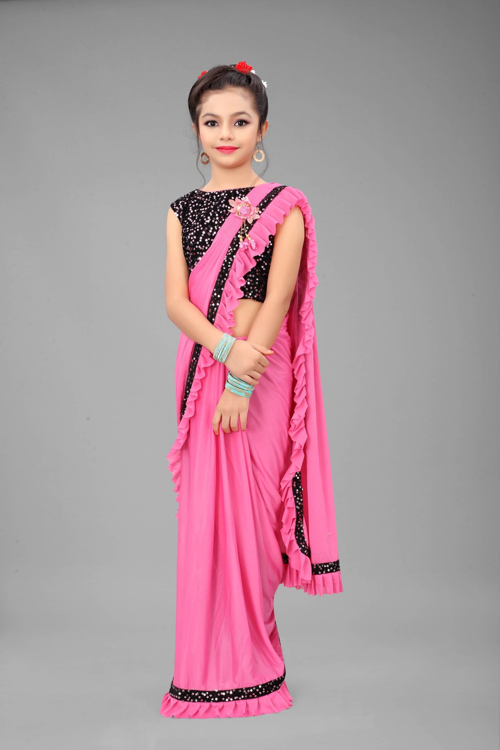 Lycra Ready To Wear Saree For Girls ( Pink , Pack of 1 )