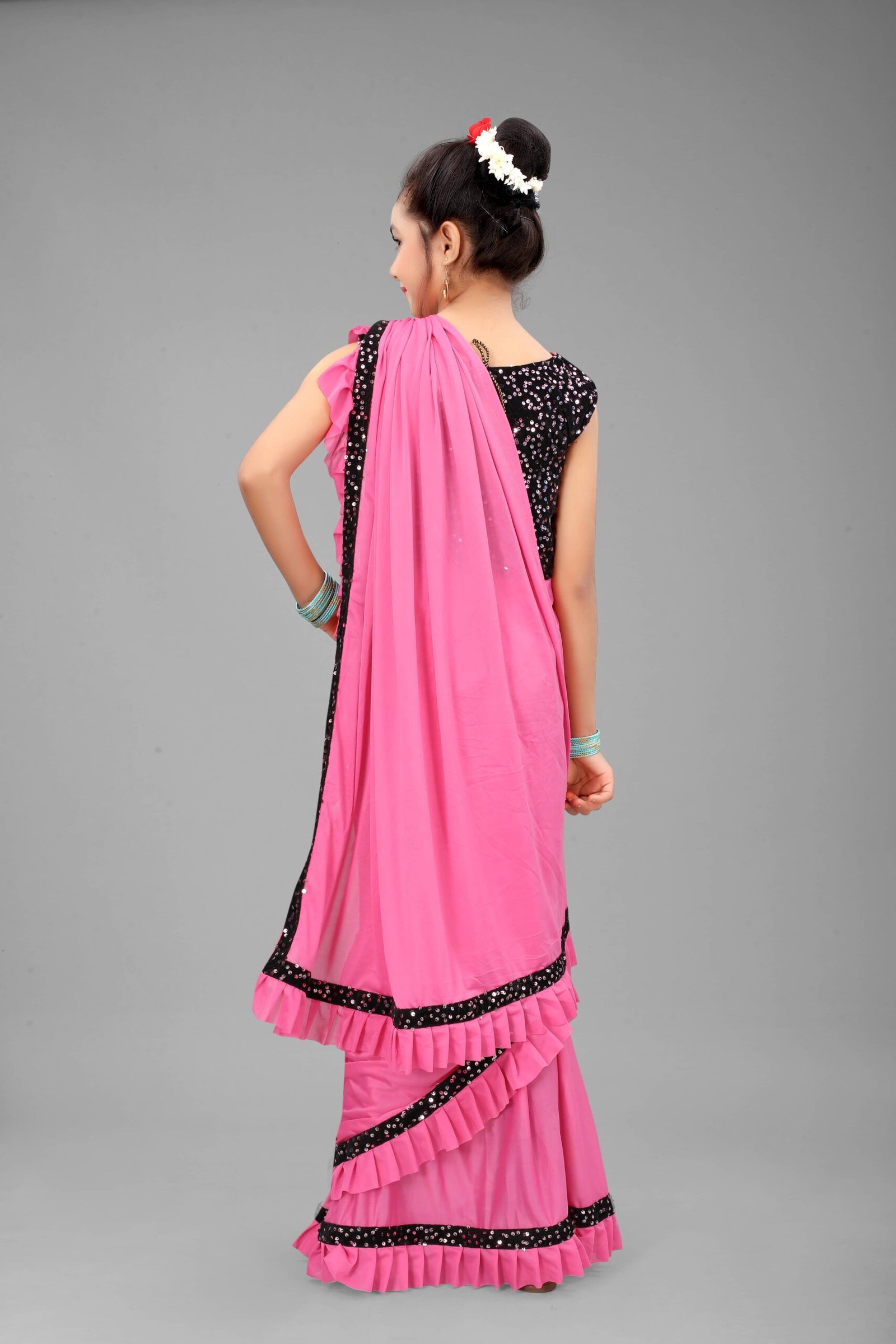 Lycra Ready To Wear Saree For Girls ( Pink , Pack of 1 ) - Image 2
