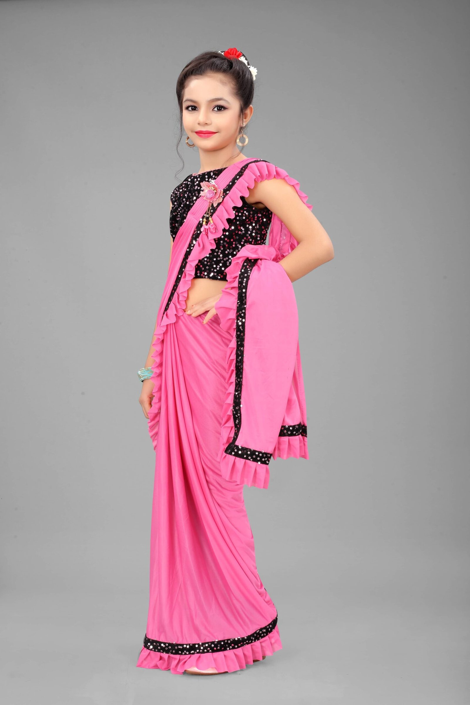 Lycra Ready To Wear Saree For Girls ( Pink , Pack of 1 ) - Image 3