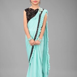 Lycra Ready To Wear Saree For Girls ( Light Blue , Pack of 1 )