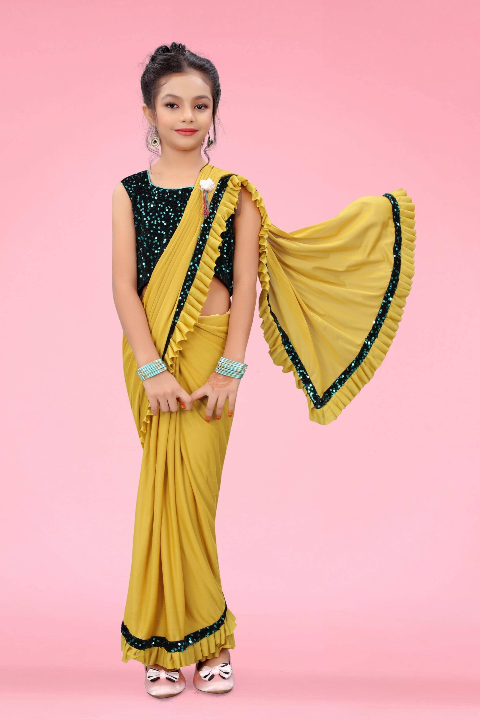 Lycra Ready To Wear Saree For Girls ( Mustard , Pack of 1 )