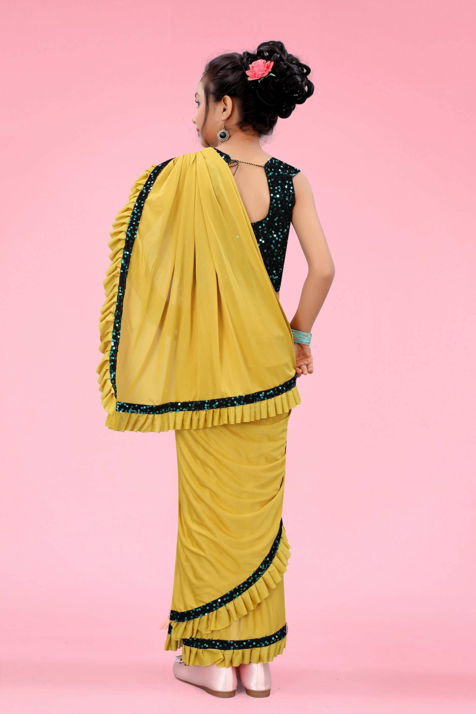 Lycra Ready To Wear Saree For Girls ( Mustard , Pack of 1 ) - Image 2