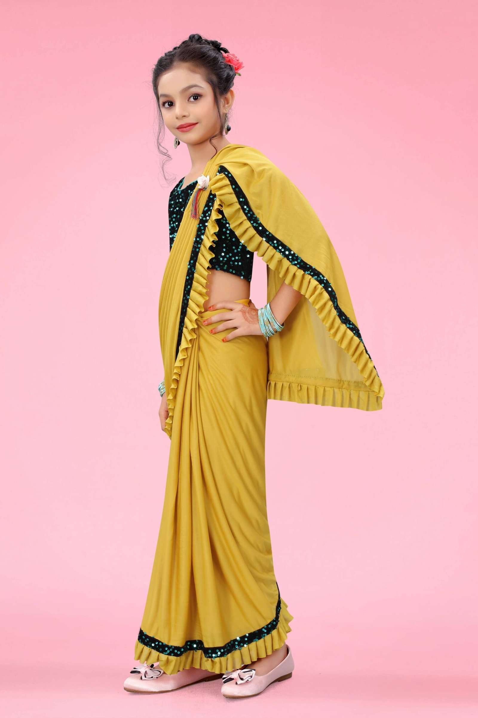 Lycra Ready To Wear Saree For Girls ( Mustard , Pack of 1 ) - Image 3