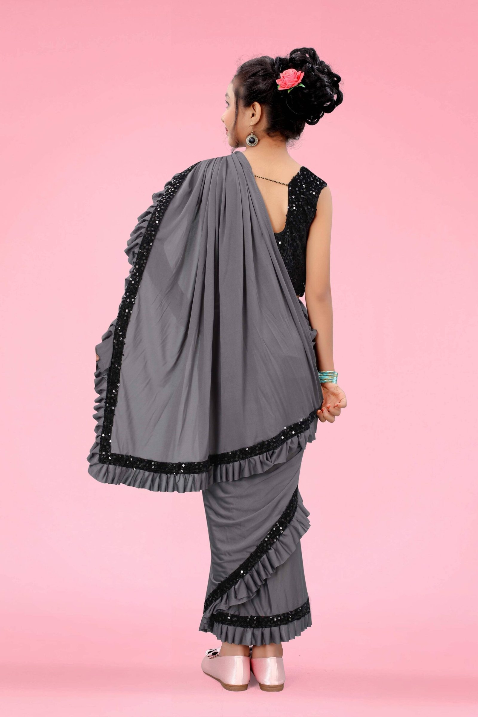 Lycra Ready To Wear Saree For Girls ( Grey , Pack of 1 ) - Image 2