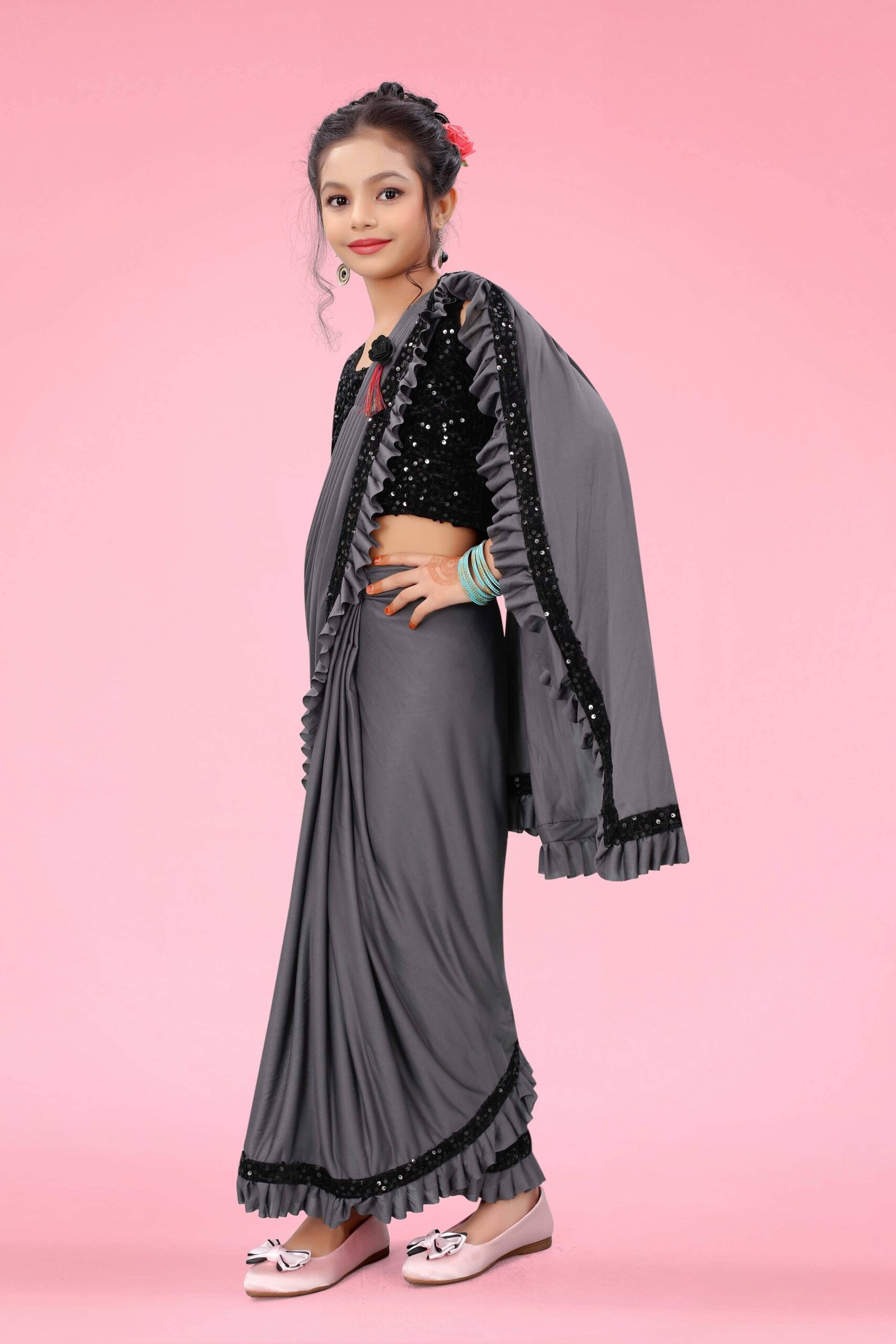 Lycra Ready To Wear Saree For Girls ( Grey , Pack of 1 ) - Image 3