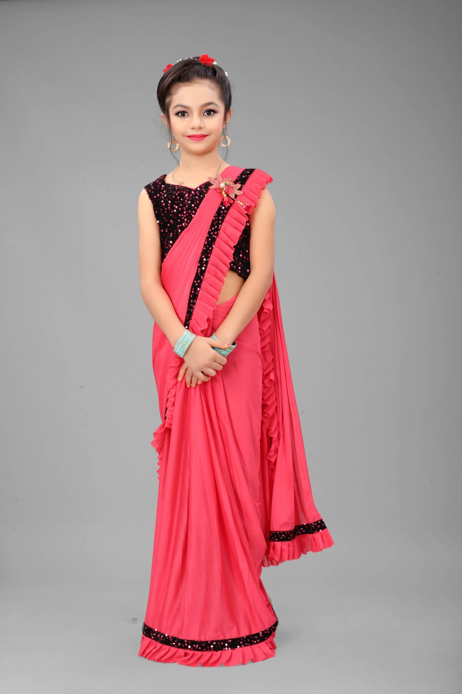 Lycra Ready To Wear Saree For Girls ( Orange , Pack of 1 )