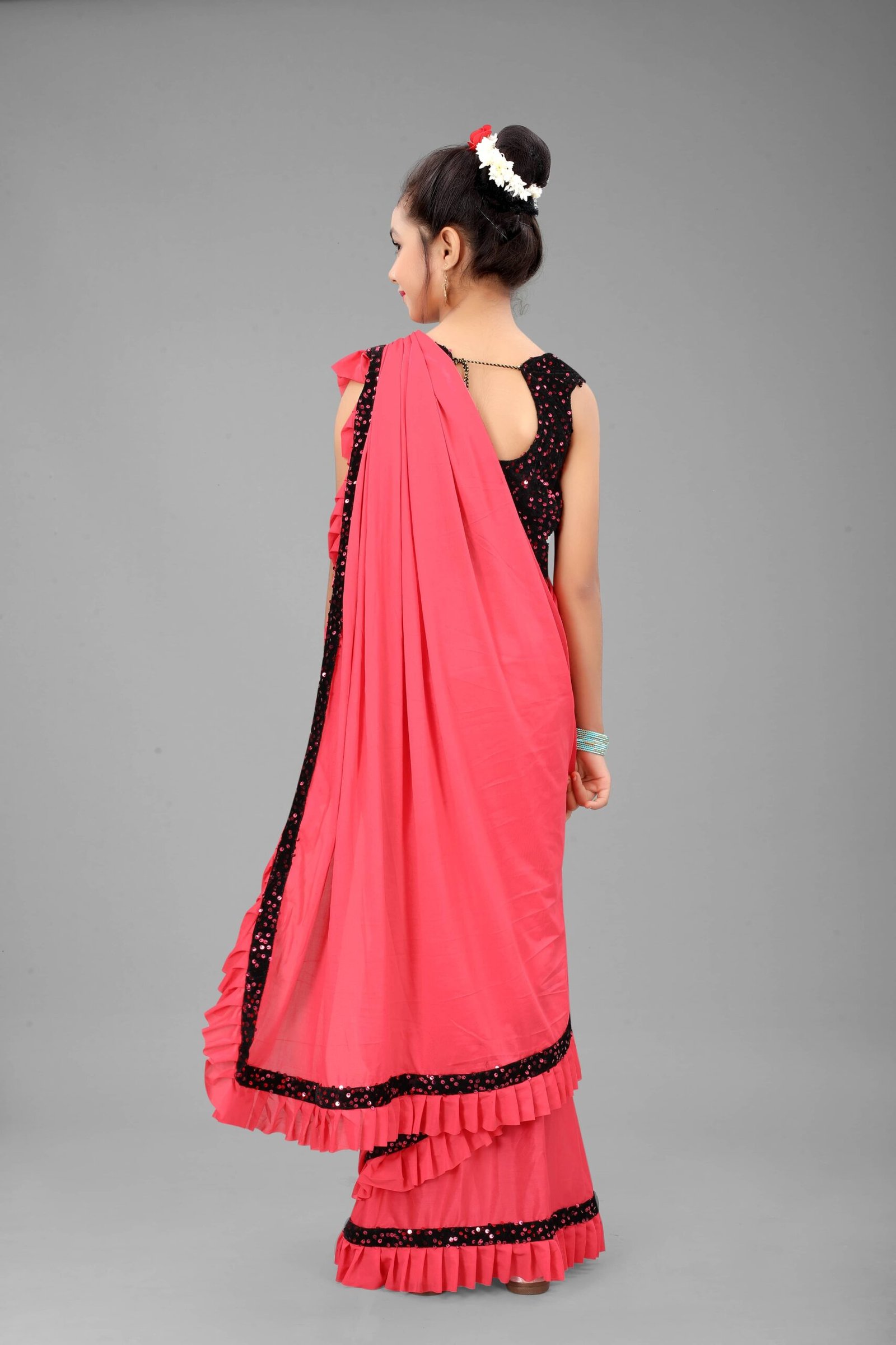 Lycra Ready To Wear Saree For Girls ( Orange , Pack of 1 ) - Image 2