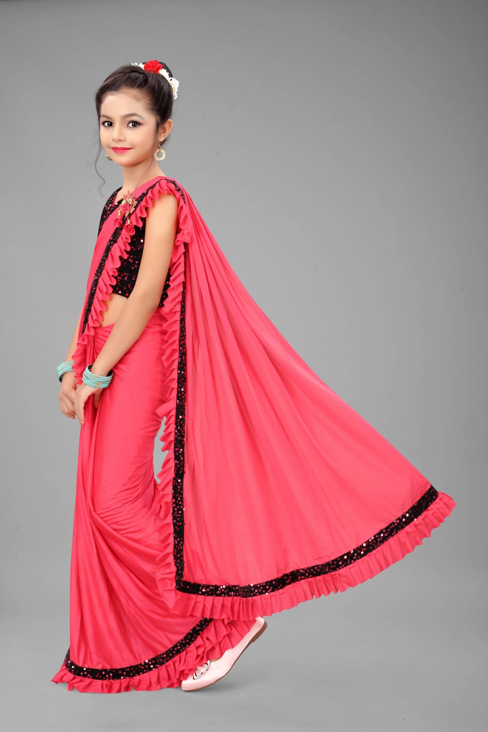 Lycra Ready To Wear Saree For Girls ( Orange , Pack of 1 ) - Image 3