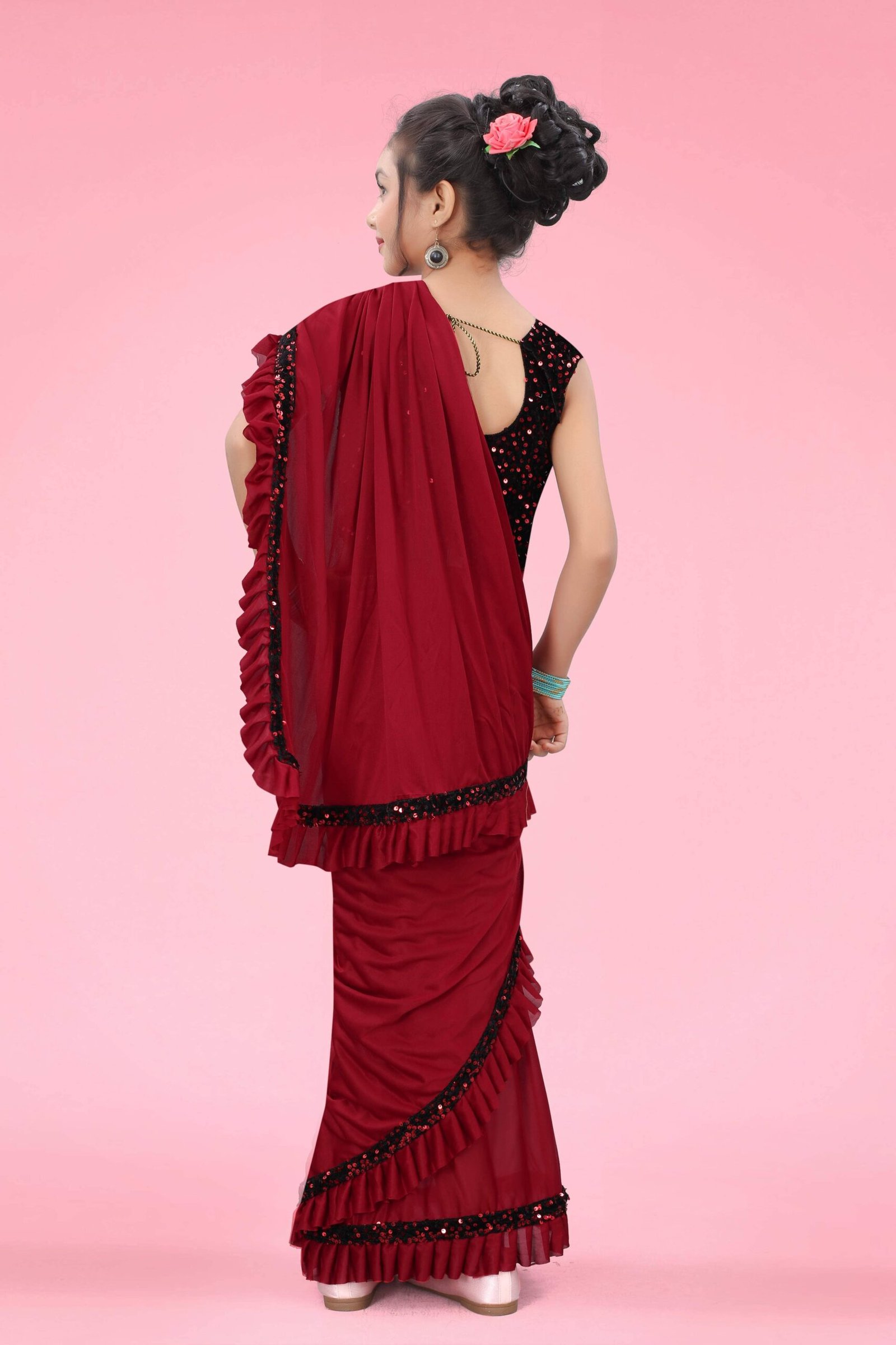 Lycra Ready To Wear Saree For Girls ( Red , Pack of 1 ) - Image 2