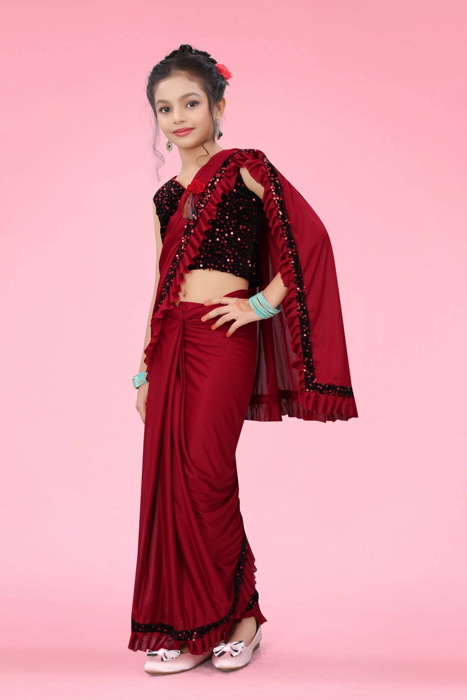 Lycra Ready To Wear Saree For Girls ( Red , Pack of 1 ) - Image 3