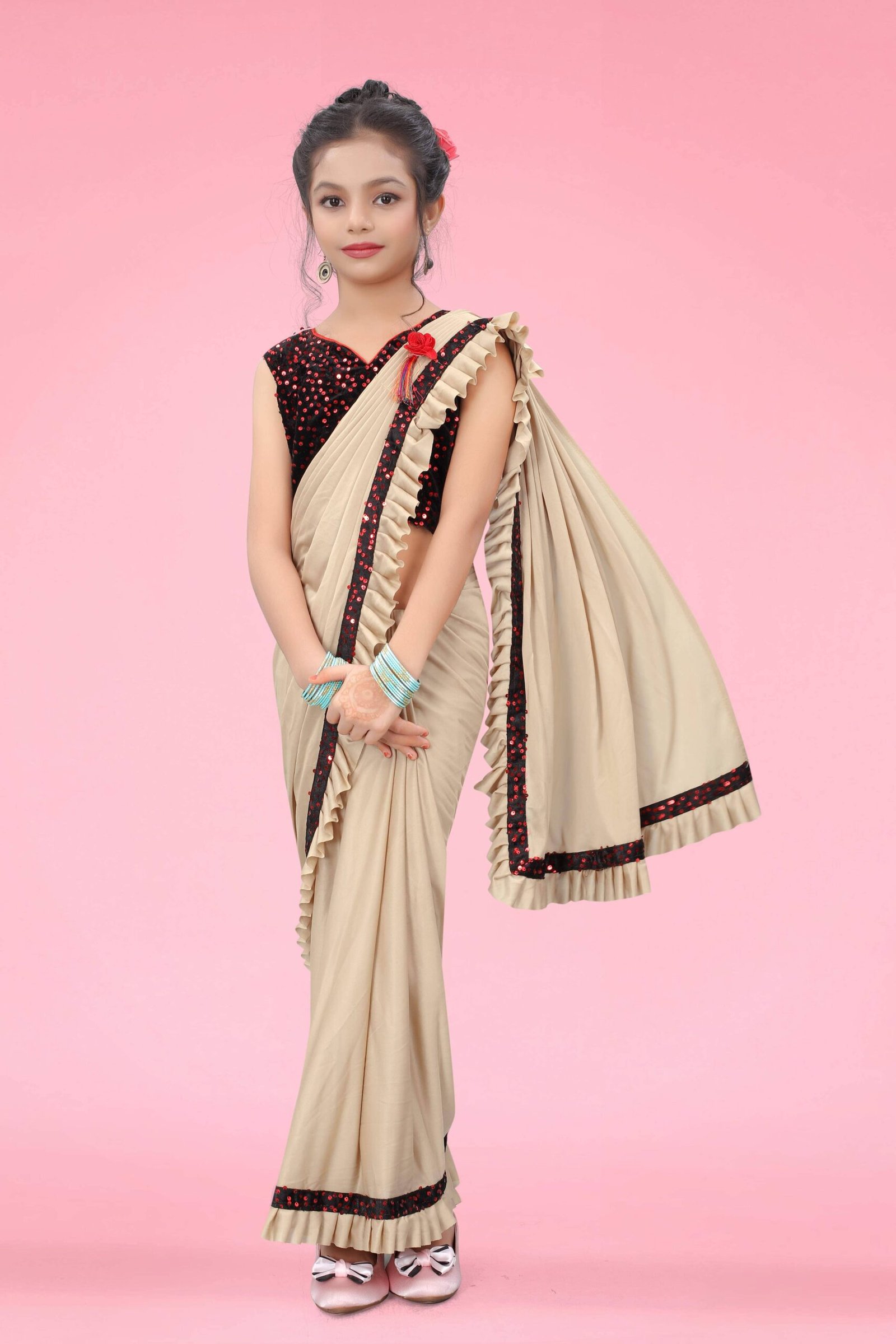 Lycra Ready To Wear Saree For Girls ( Beige , Pack of 1 )