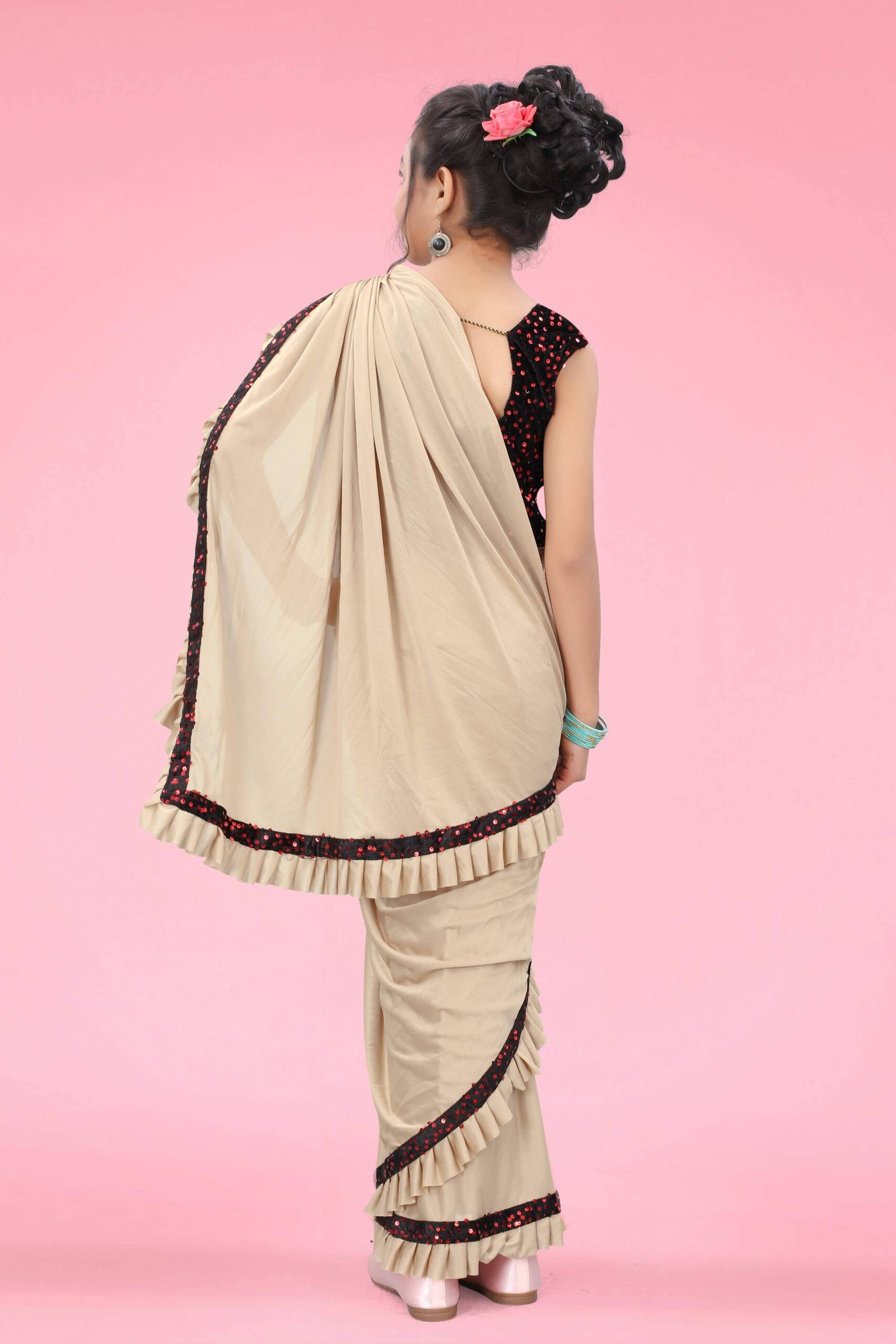 Lycra Ready To Wear Saree For Girls ( Beige , Pack of 1 ) - Image 2
