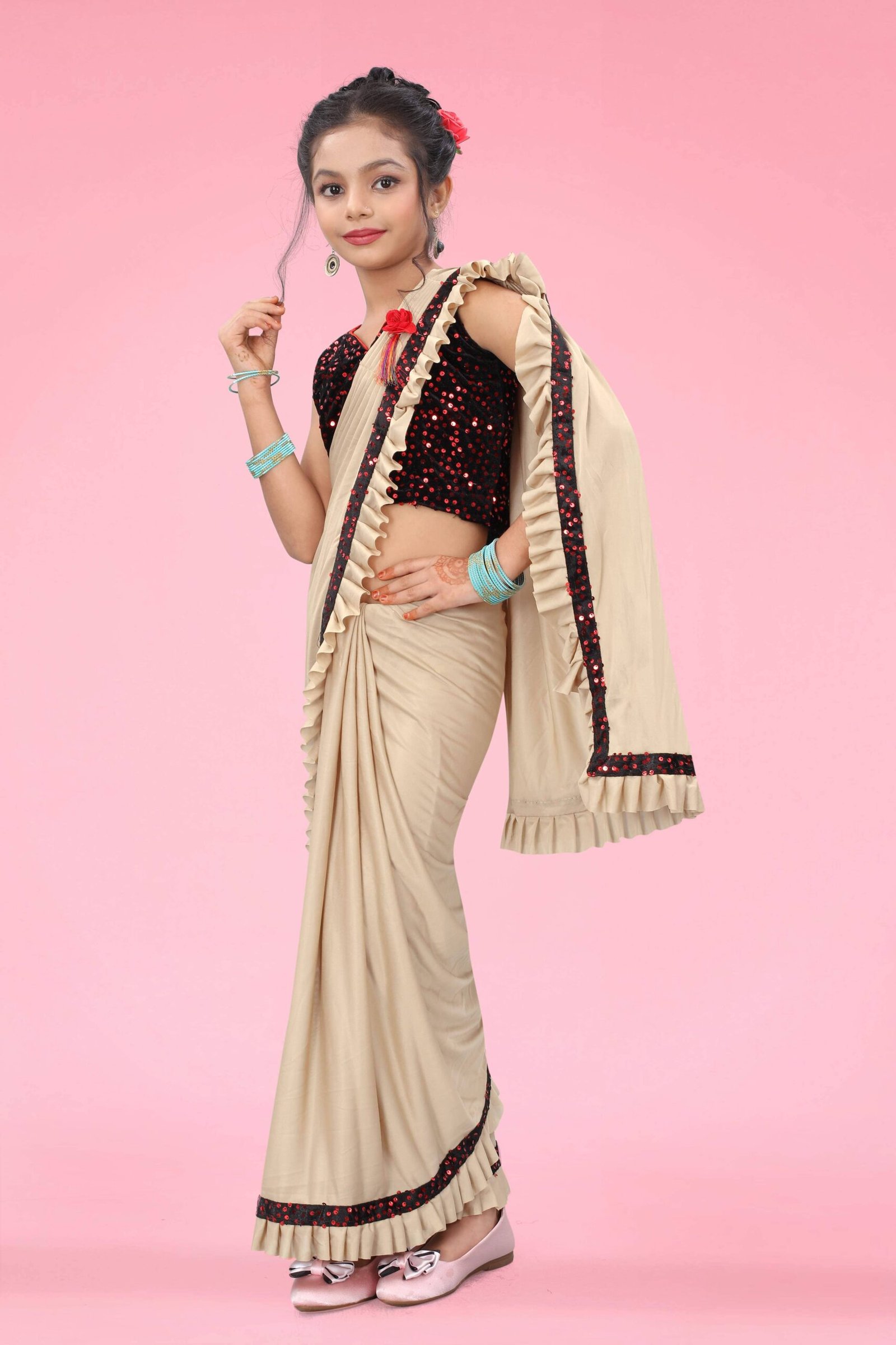 Lycra Ready To Wear Saree For Girls ( Beige , Pack of 1 ) - Image 3