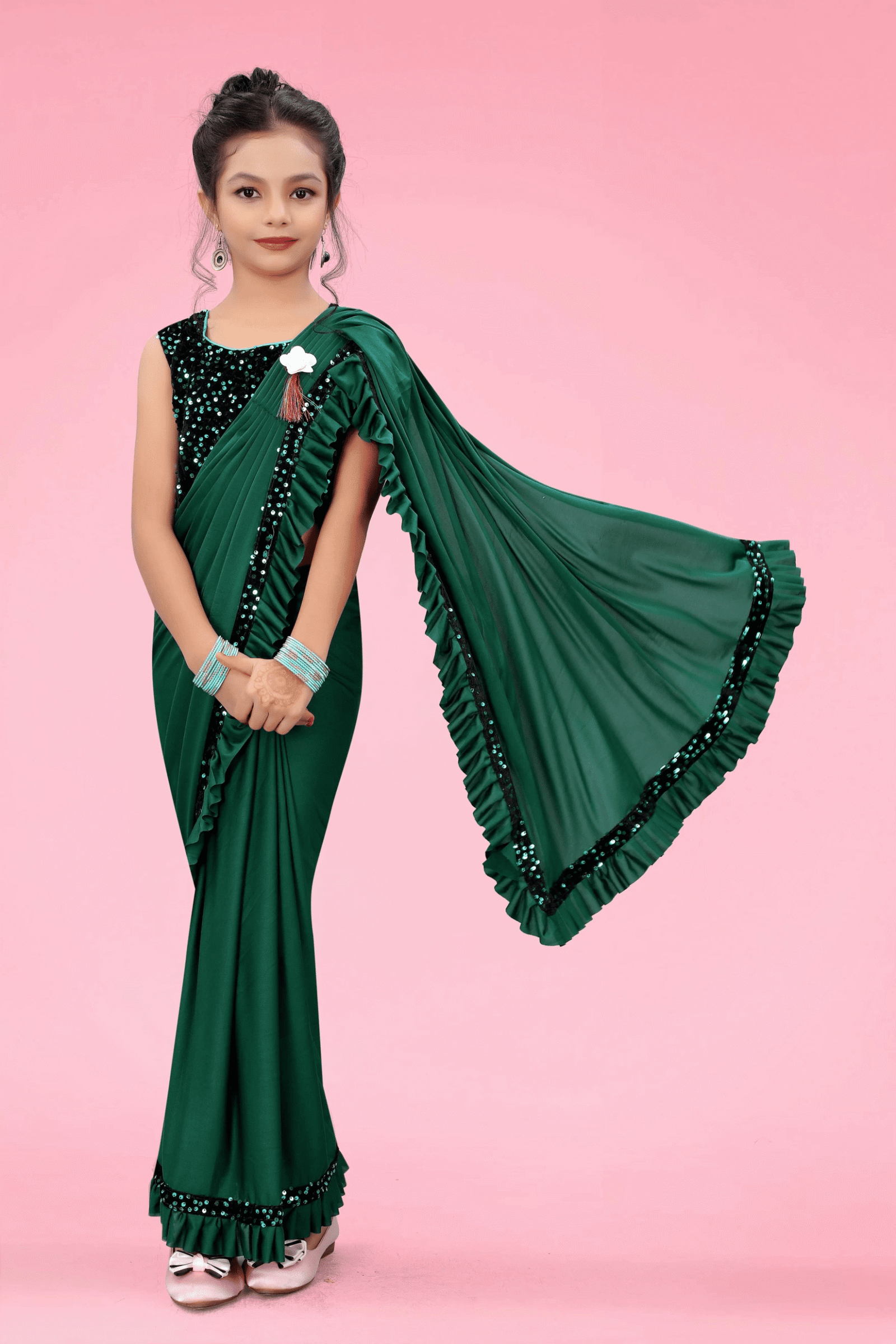 Lycra Ready To Wear Saree For Girls ( Green , Pack of 1 )