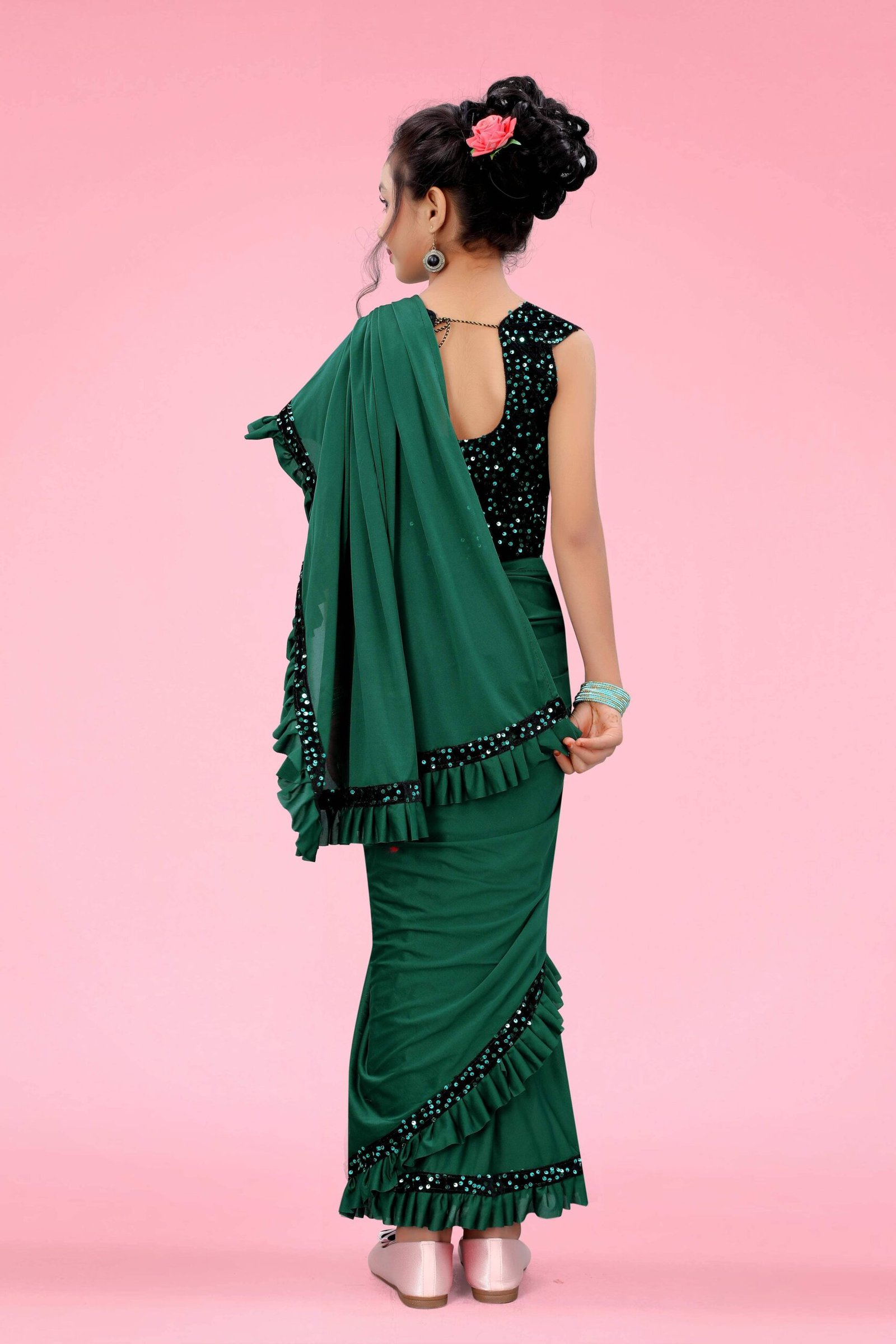 Lycra Ready To Wear Saree For Girls ( Green , Pack of 1 ) - Image 2