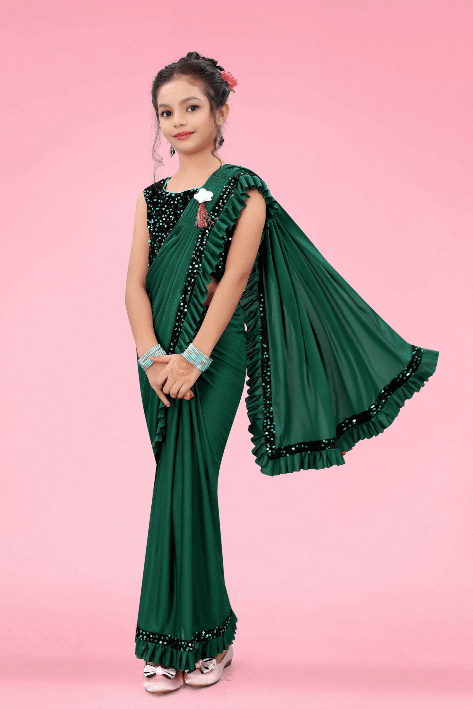 Lycra Ready To Wear Saree For Girls ( Green , Pack of 1 ) - Image 3