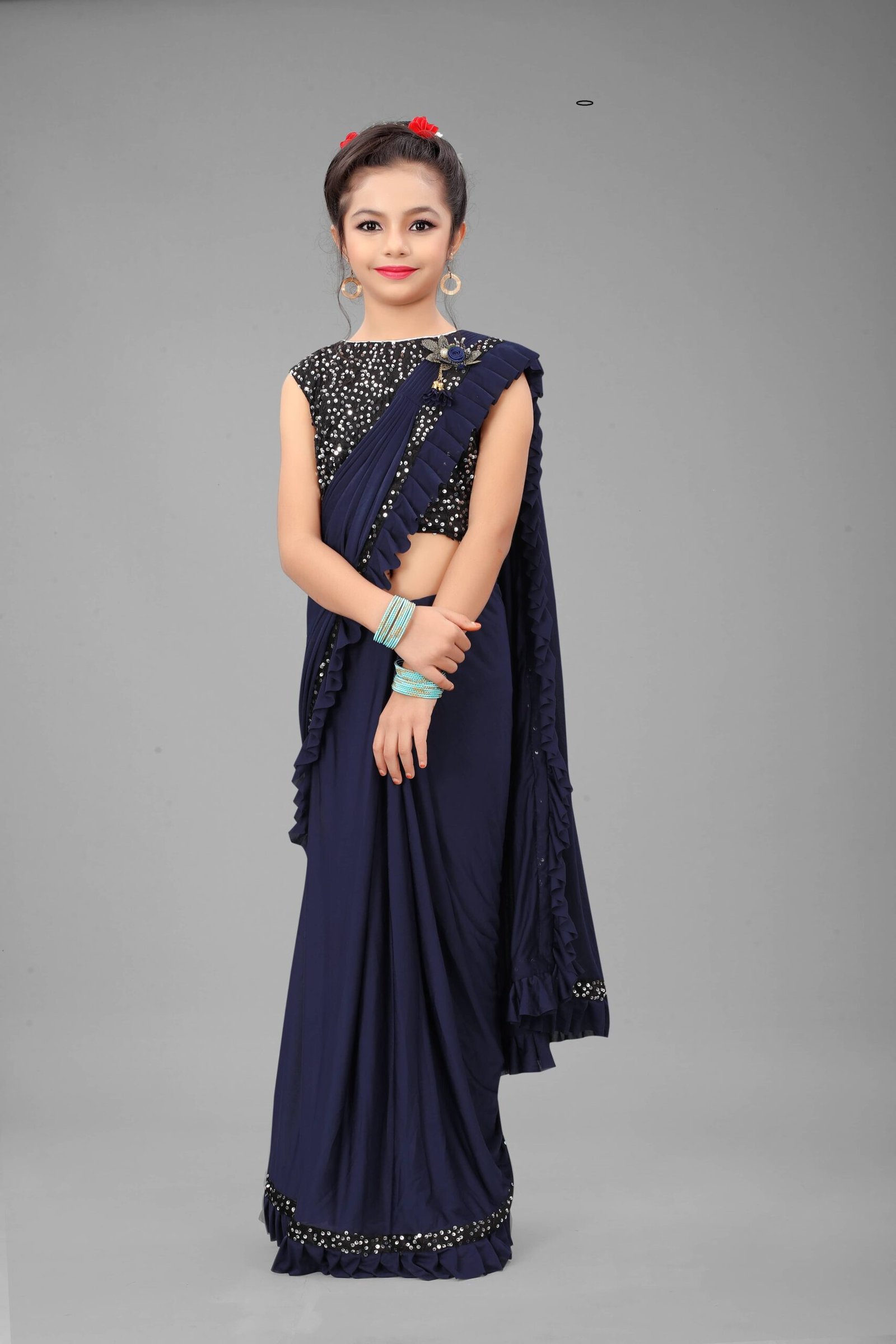 Lycra Ready To Wear Saree For Girls ( Navy Blue , Pack of 1 )
