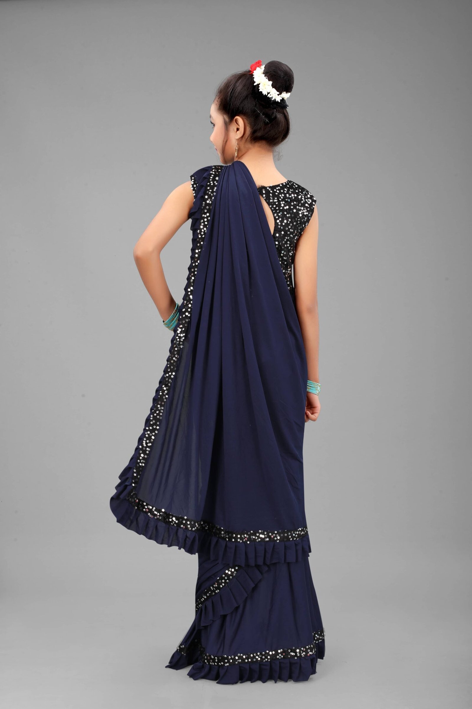 Lycra Ready To Wear Saree For Girls ( Navy Blue , Pack of 1 ) - Image 2