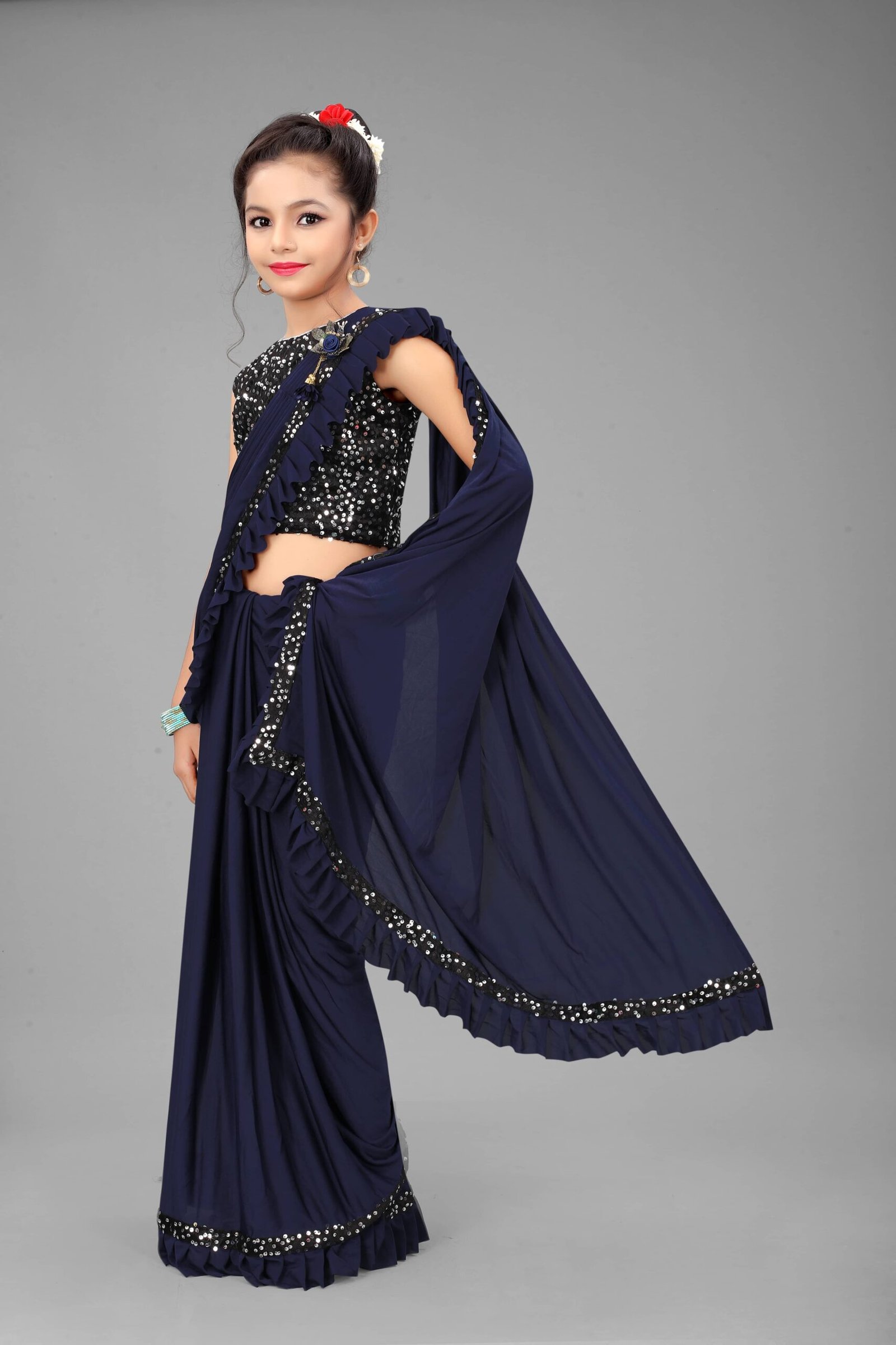 Lycra Ready To Wear Saree For Girls ( Navy Blue , Pack of 1 ) - Image 3