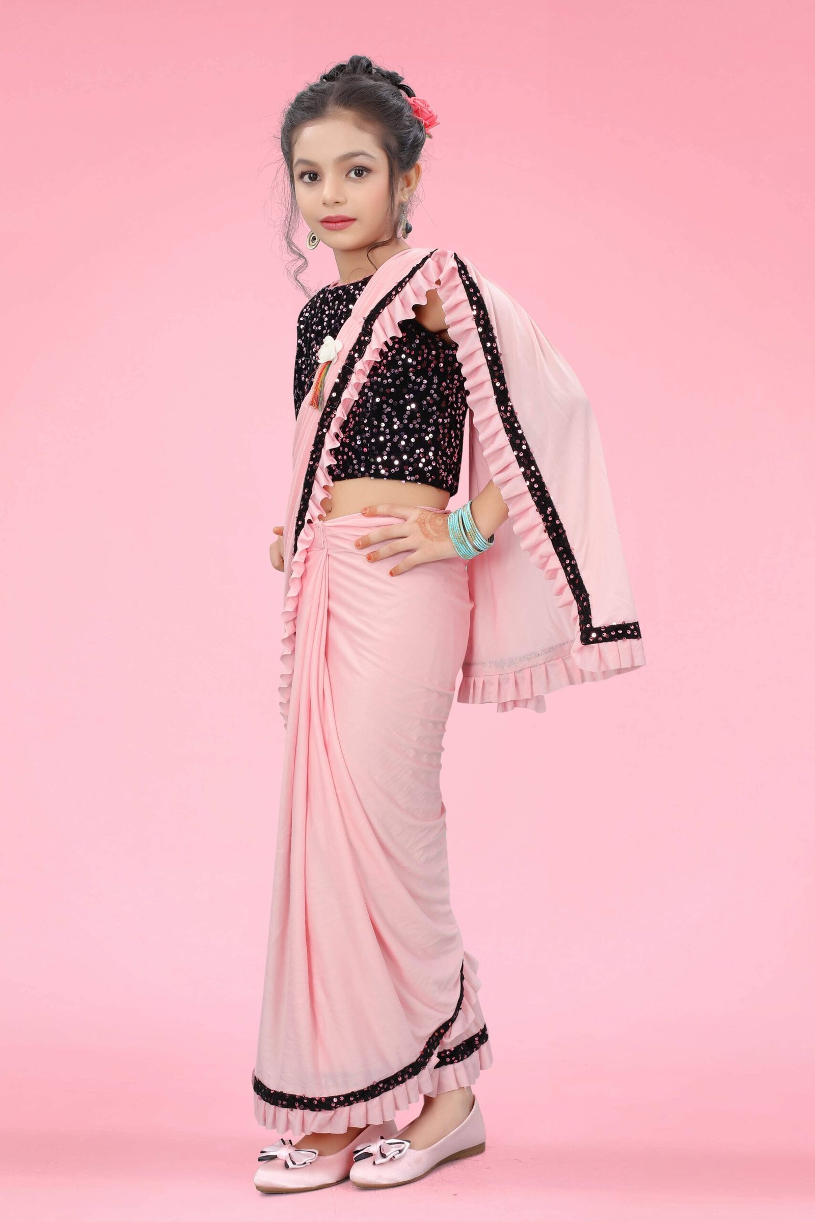 Lycra Ready To Wear Saree For Girls ( Light Pink , Pack of 1 ) - Image 3
