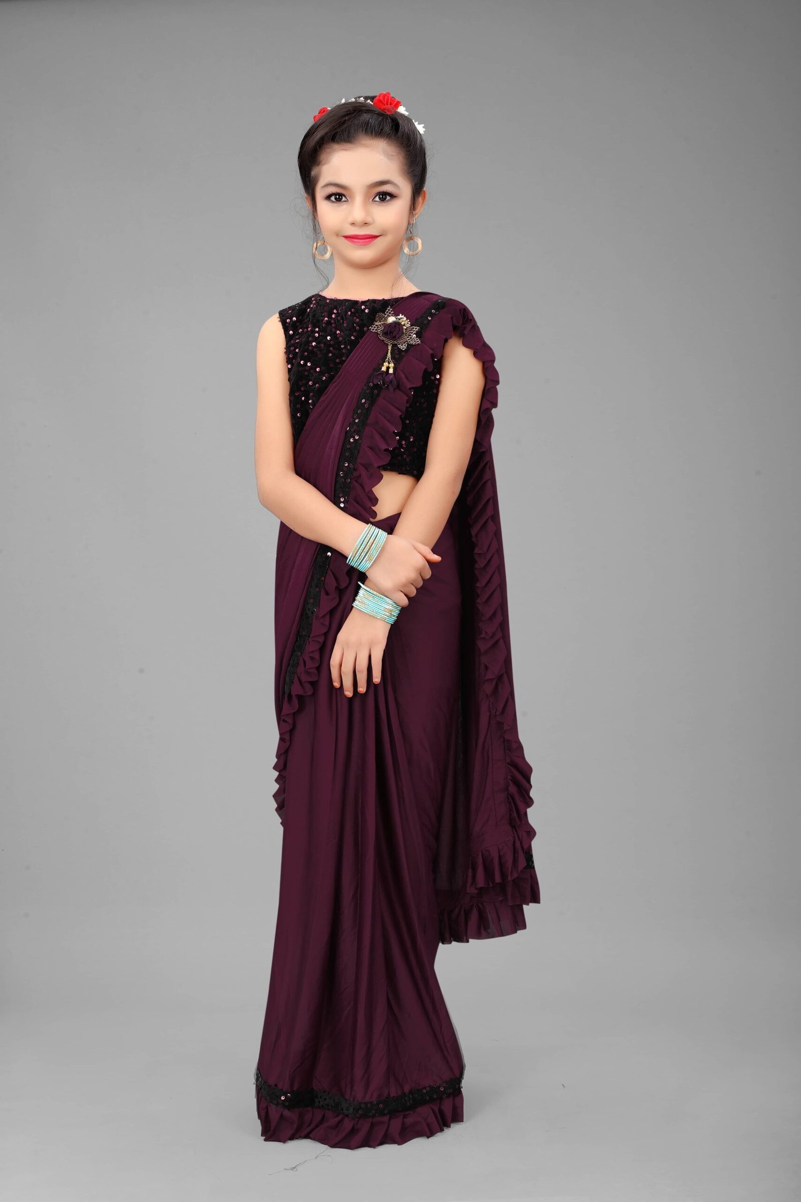 Lycra Ready To Wear Saree For Girls ( Purple , Pack of 1 )