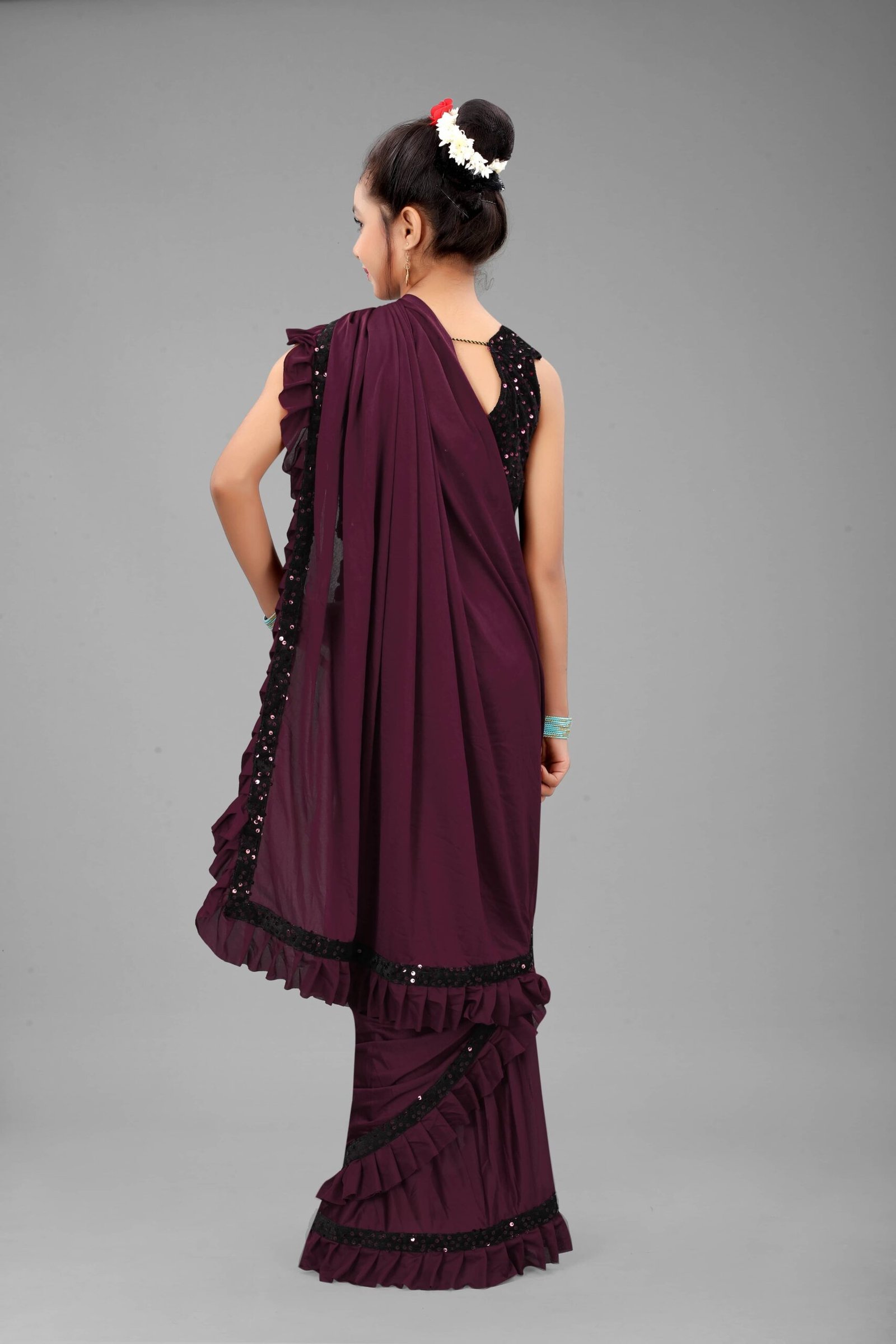 Lycra Ready To Wear Saree For Girls ( Purple , Pack of 1 ) - Image 2